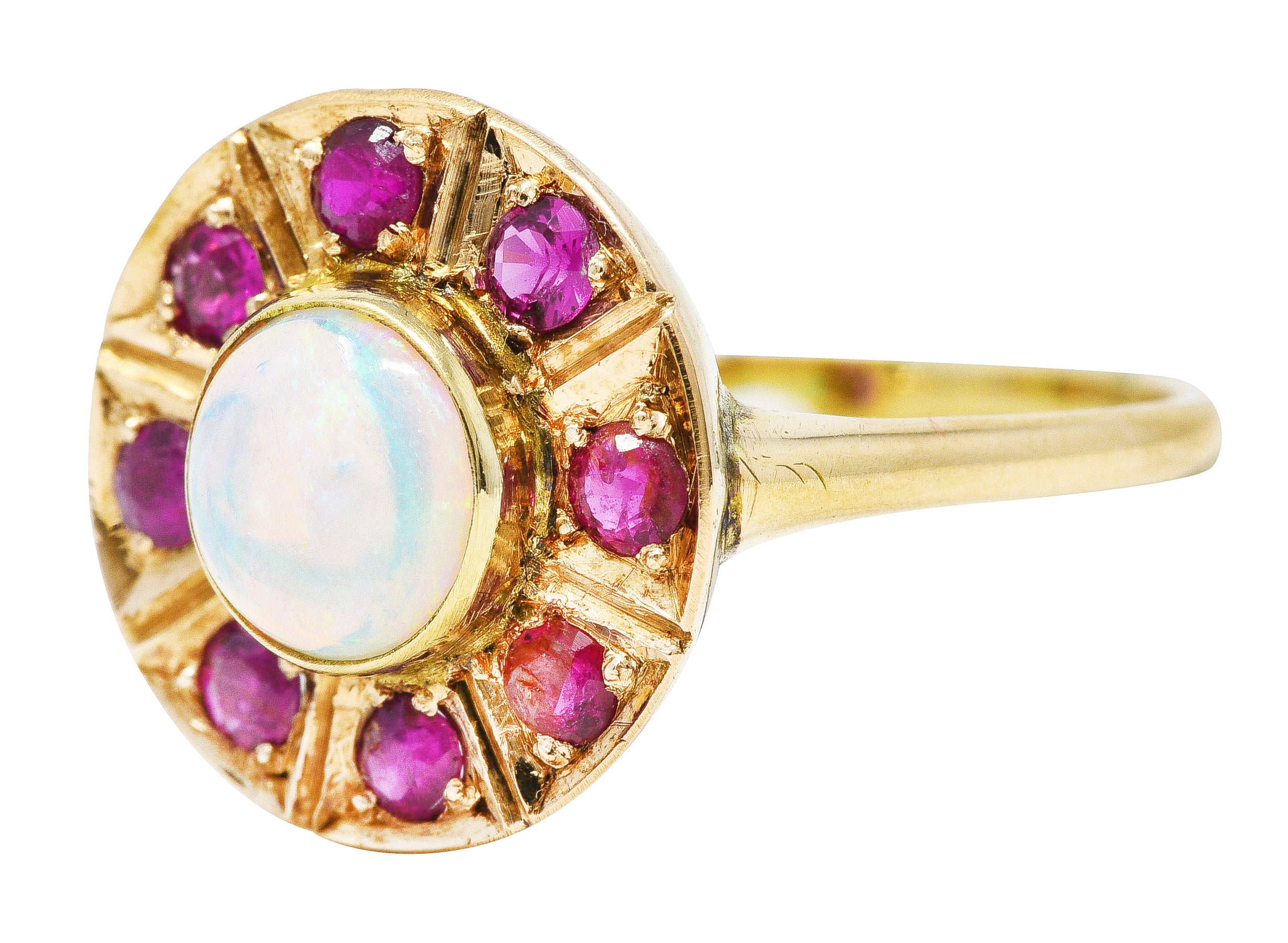 .11111 SH 1890's Late Victorian Opal Ruby 18 Karat Gold Cluster Ring Wilson's Estate Jewelry