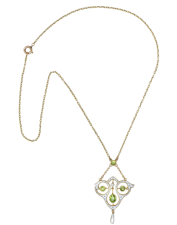 Art Nouveau Peridot Pearl Enamel 9 Karat Rose Gold Antique Lavalier Necklace
