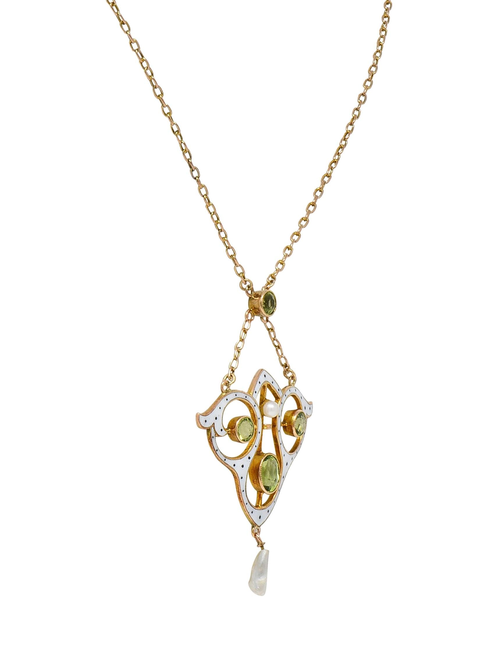 Art Nouveau Peridot Pearl Enamel 9 Karat Rose Gold Antique Lavalier Necklace