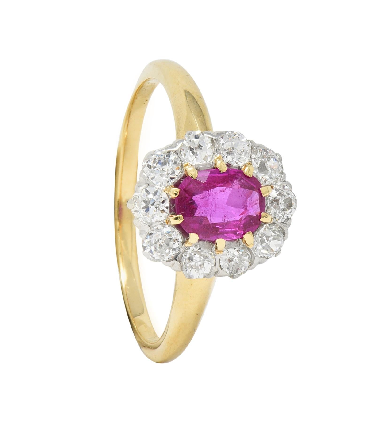 Edwardian No Heat Burma Ruby Diamond Platinum 18 Karat Gold Antique Halo Ring