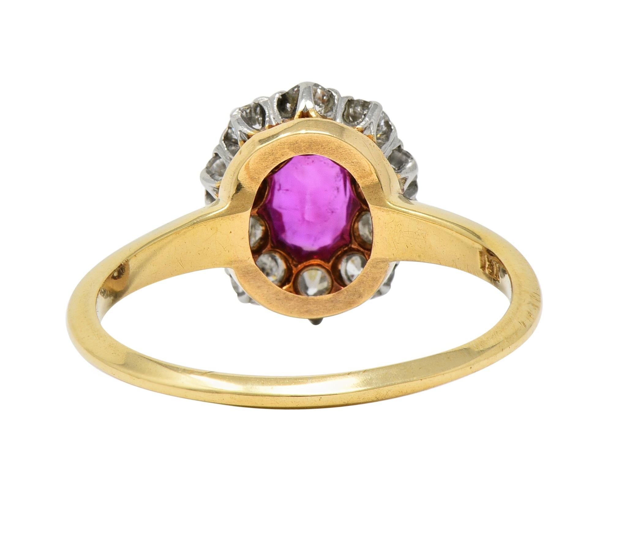 Edwardian No Heat Burma Ruby Diamond Platinum 18 Karat Gold Antique Halo Ring