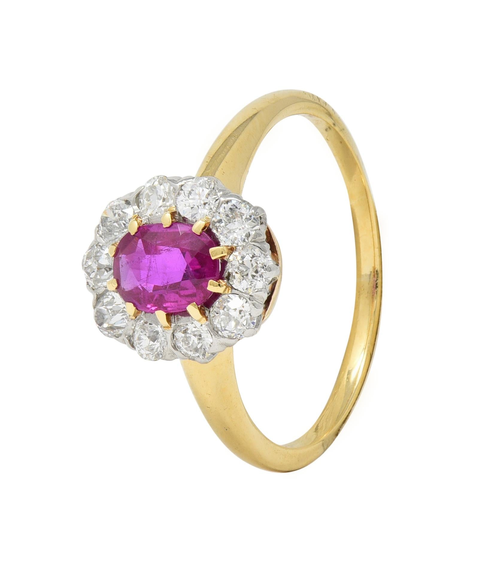 Edwardian No Heat Burma Ruby Diamond Platinum 18 Karat Gold Antique Halo Ring