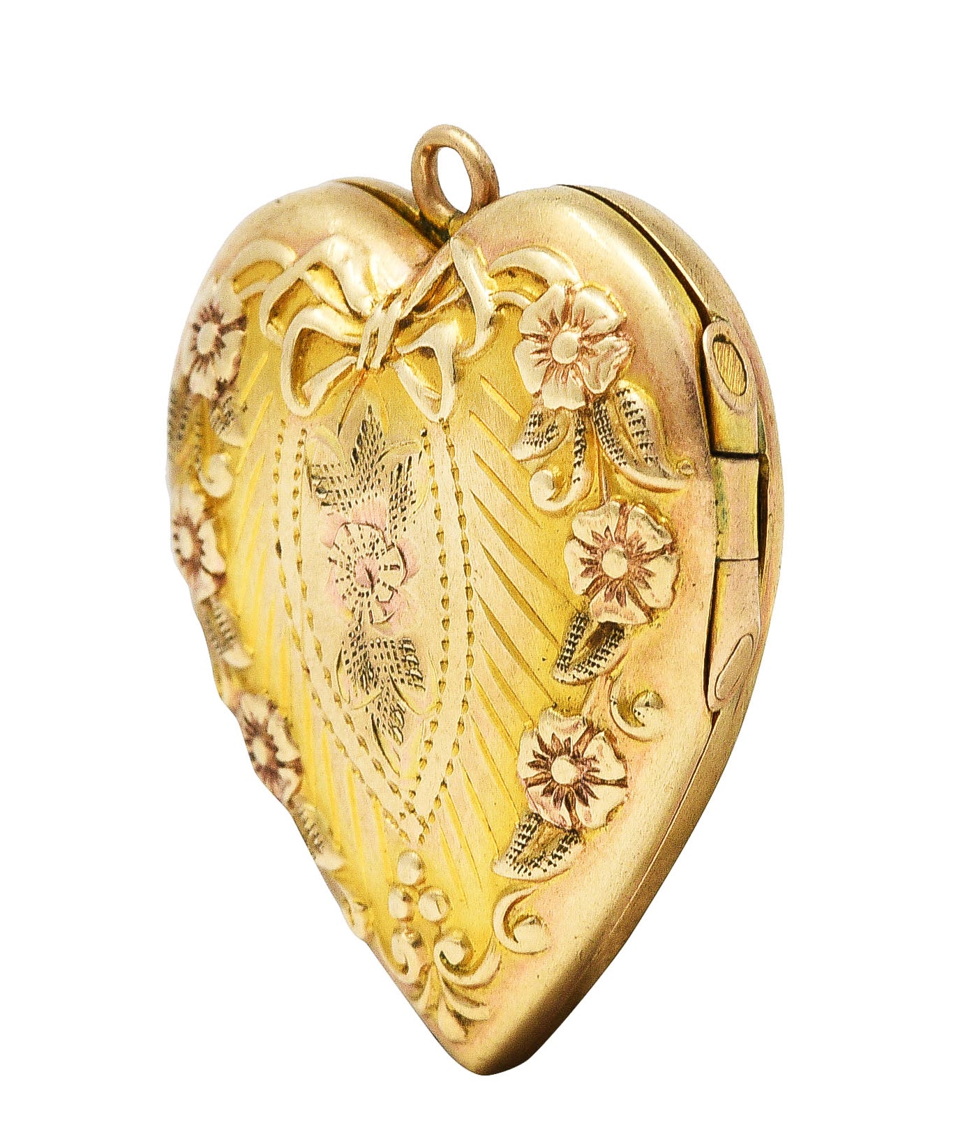 Plainville Stock Co. Art Deco 10 Karat Gold Floral Bow Heart Locket PendantNecklace - Wilson's Estate Jewelry