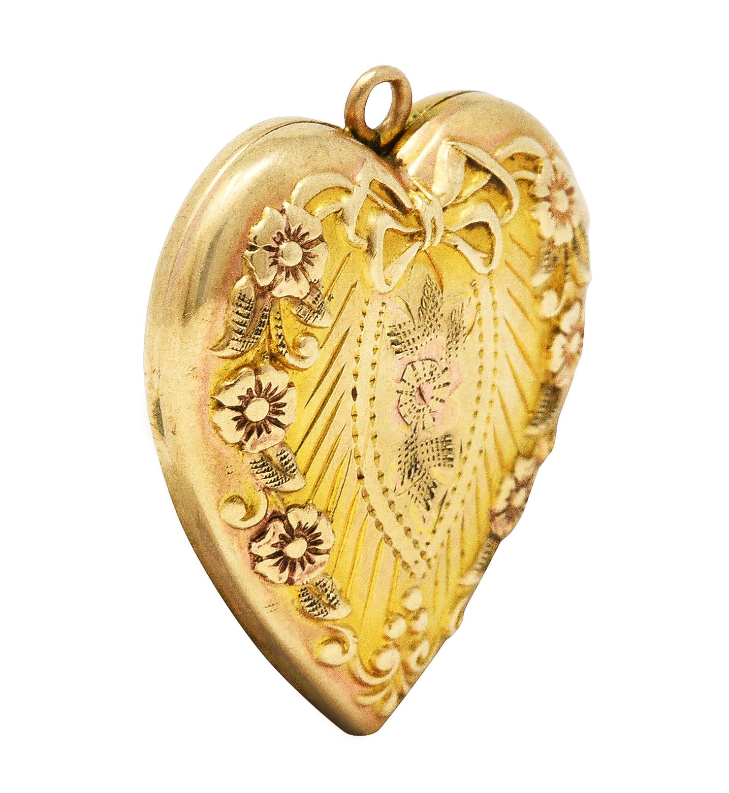 Plainville Stock Co. Art Deco 10 Karat Gold Floral Bow Heart Locket PendantNecklace - Wilson's Estate Jewelry