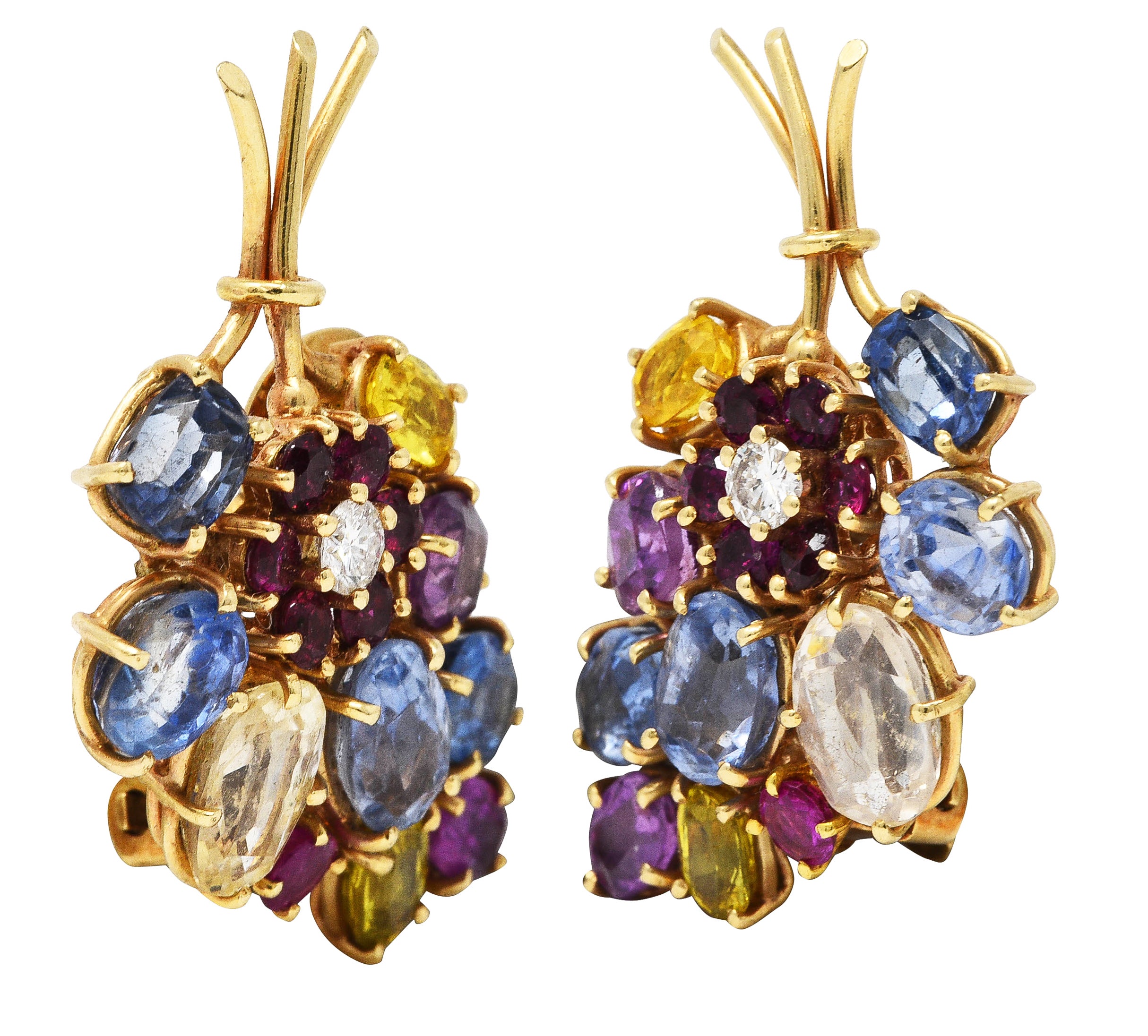 Mid-Century 9.00 CTW Sapphire & Fancy Sapphire Ruby Diamond 14 Karat Rose Gold Ear-Clip Earrings Wilson's Estate Jewelry