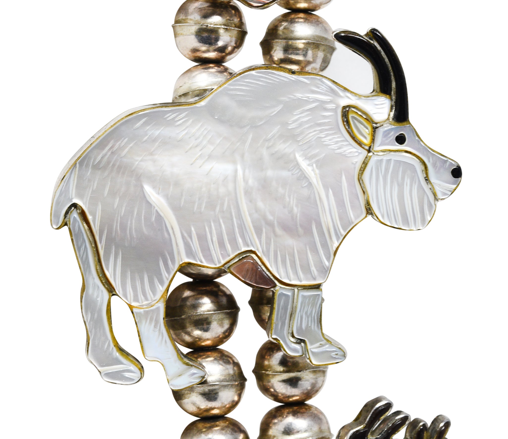 Virgil & Shirley Benn 1970's Mother-Of-Pearl Inlay Sterling Silver Beaded Vintage Zuni Animal Squash Blossom Style Necklace Wilson's Estate Jewelry