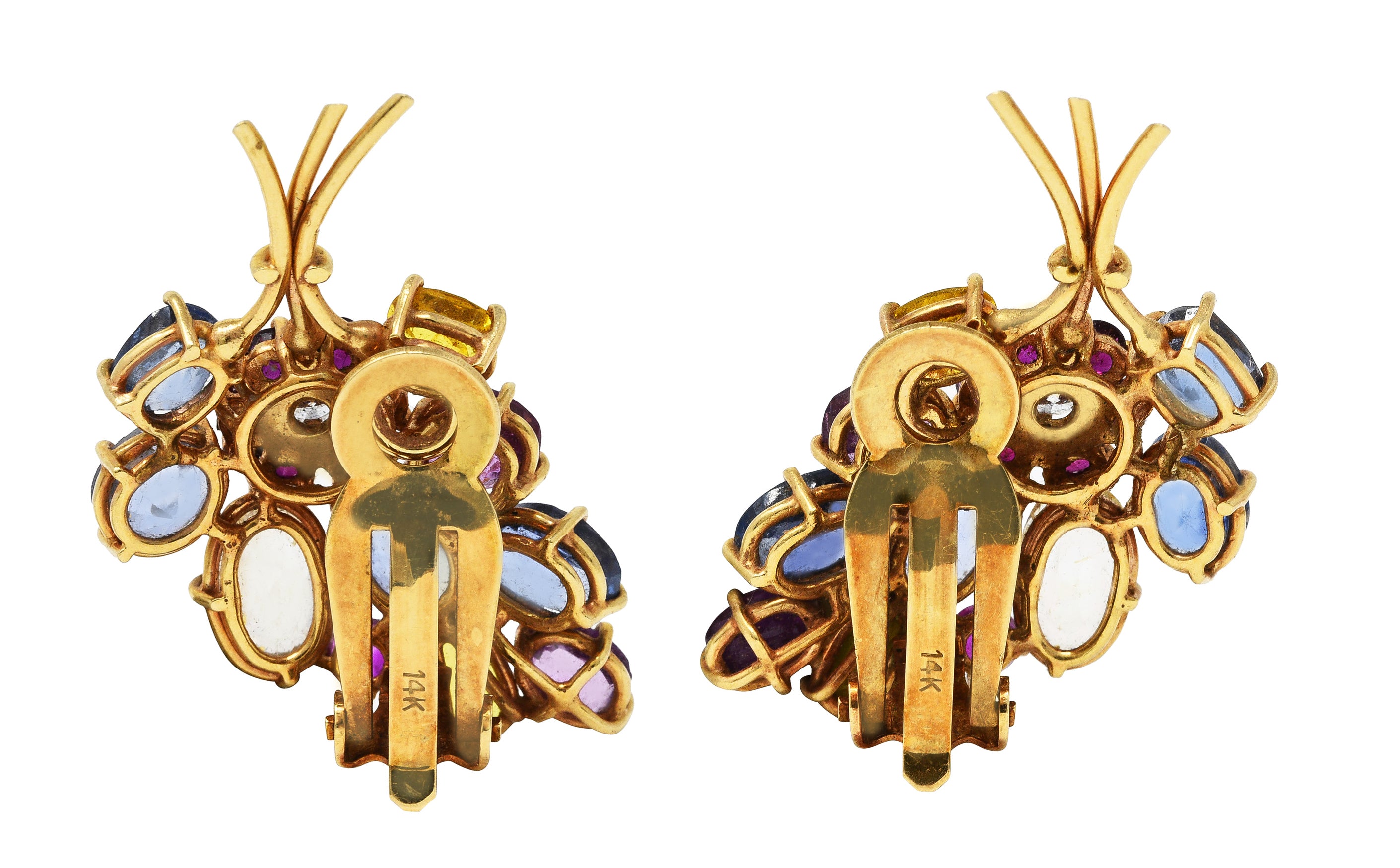 Mid-Century 9.00 CTW Sapphire & Fancy Sapphire Ruby Diamond 14 Karat Rose Gold Ear-Clip Earrings Wilson's Estate Jewelry