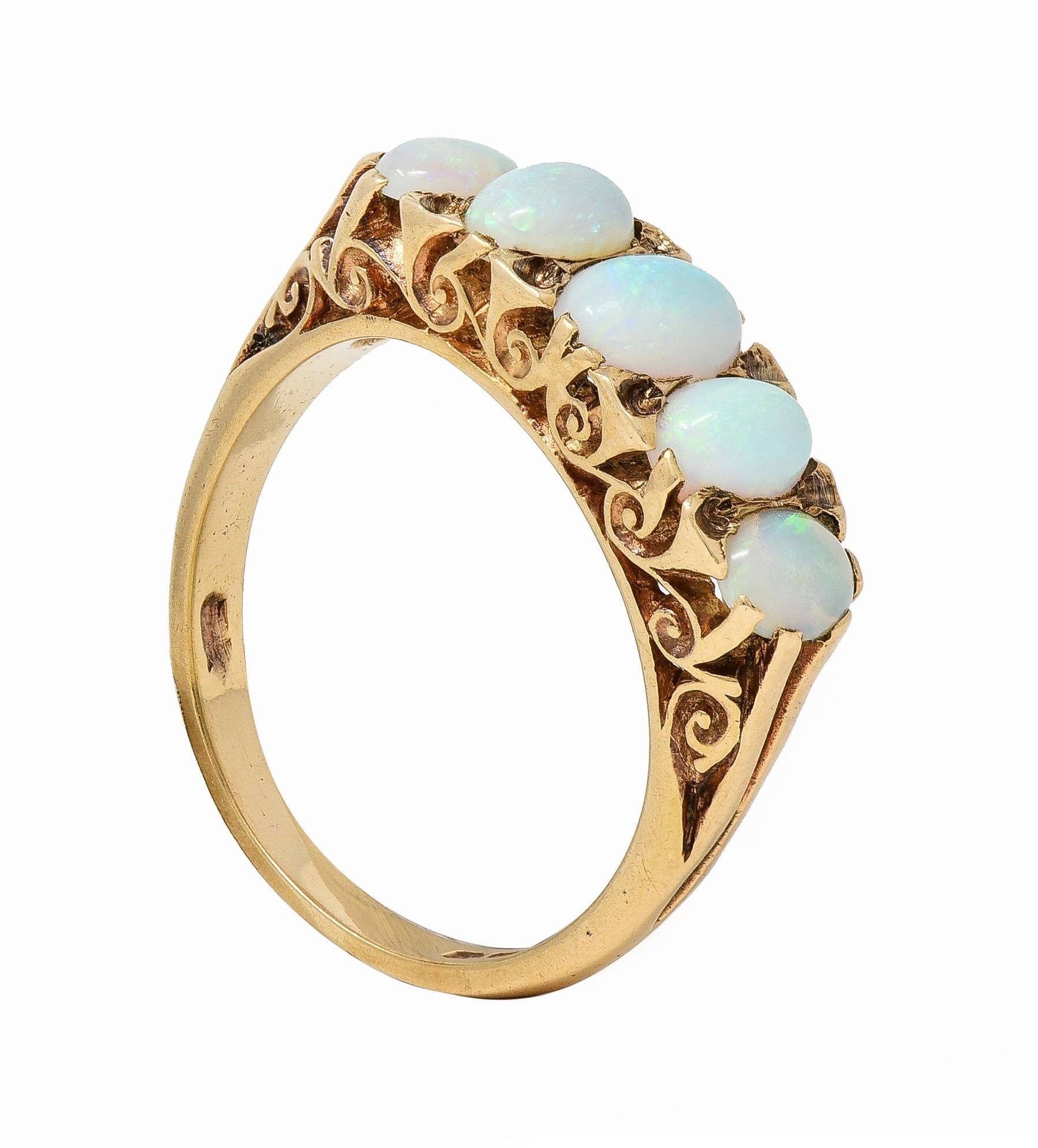 Victorian Opal 9 Karat Yellow Gold Antique Five Stone Band Ring