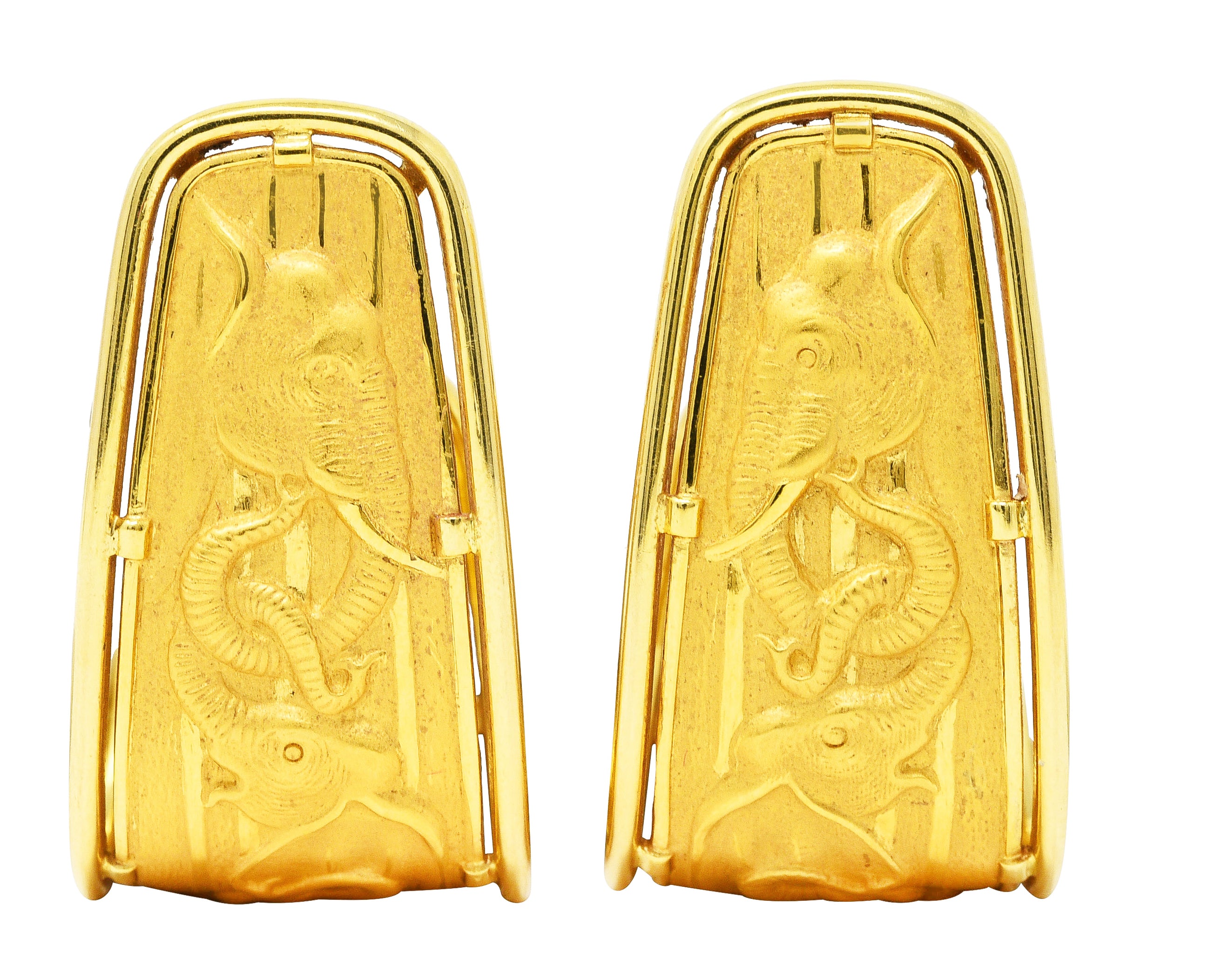 Carrera y Carrera 1980's 18 Karat Yellow Gold Elephant J-Hoop Vintage Earrings Wilson's Estate Jewelry