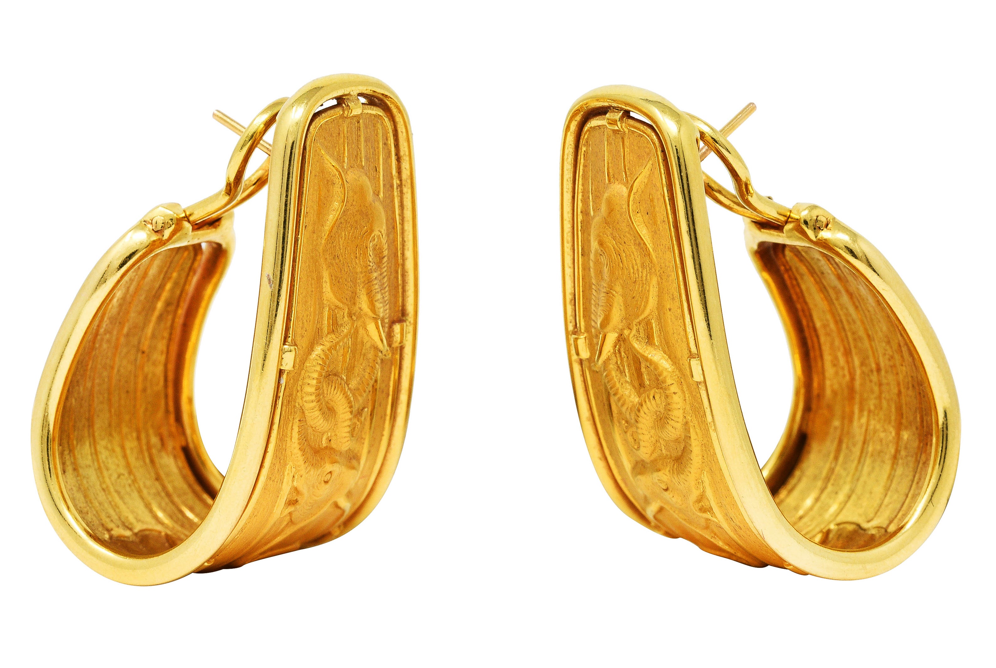 Carrera y Carrera 1980's 18 Karat Yellow Gold Elephant J-Hoop Vintage Earrings Wilson's Estate Jewelry