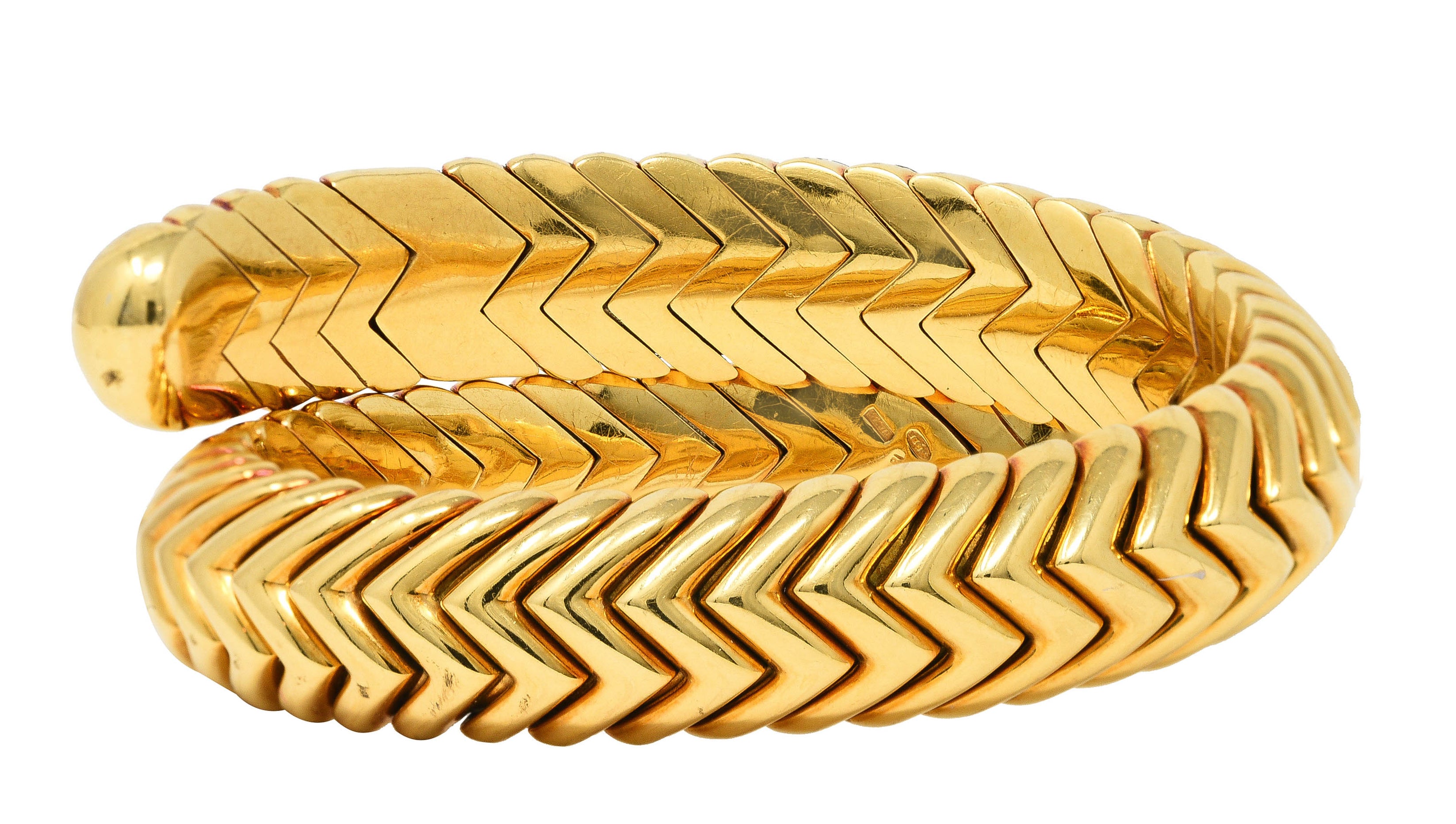 Bulgari 1990's 18 Karat Yellow Gold Chevron Spiga Wrap Vintage Bangle Bracelet Wilson's Estate Jewelry