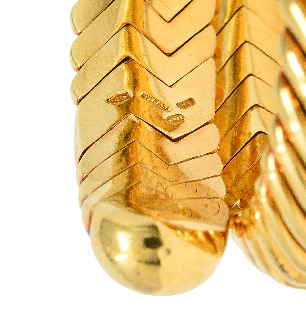 Bulgari 1990's 18 Karat Yellow Gold Chevron Spiga Wrap Vintage Bangle Bracelet Wilson's Estate Jewelry