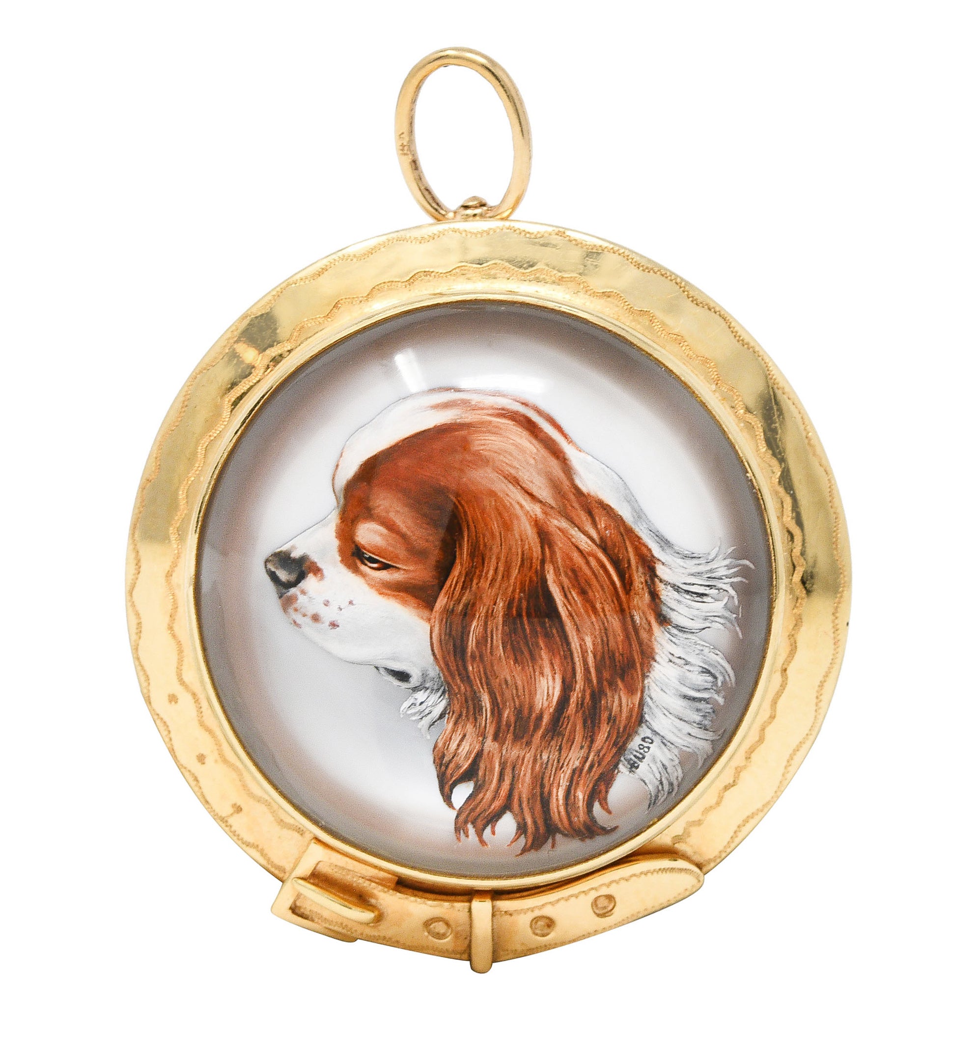 Raymond Yard Victorian Mother-Of-Pearl Painted Essex Crystal 18 Karat Yellow Gold King Charles Spaniel Buckle Antique Pendant Brooch Wilson's Estate Jewelry