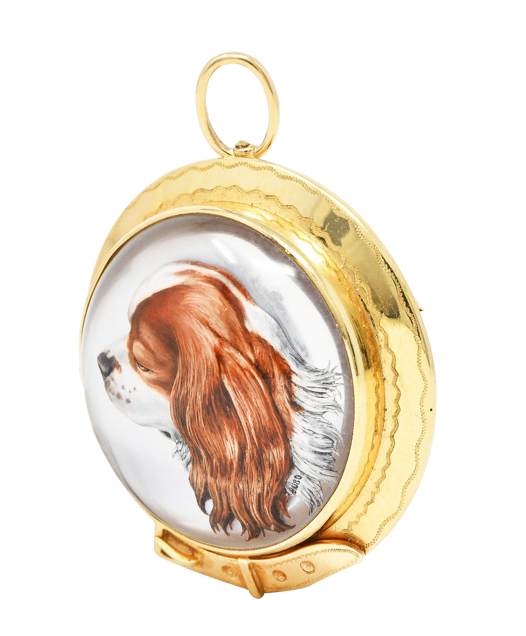 Raymond Yard Victorian Mother-Of-Pearl Painted Essex Crystal 18 Karat Yellow Gold King Charles Spaniel Buckle Antique Pendant Brooch Wilson's Estate Jewelry