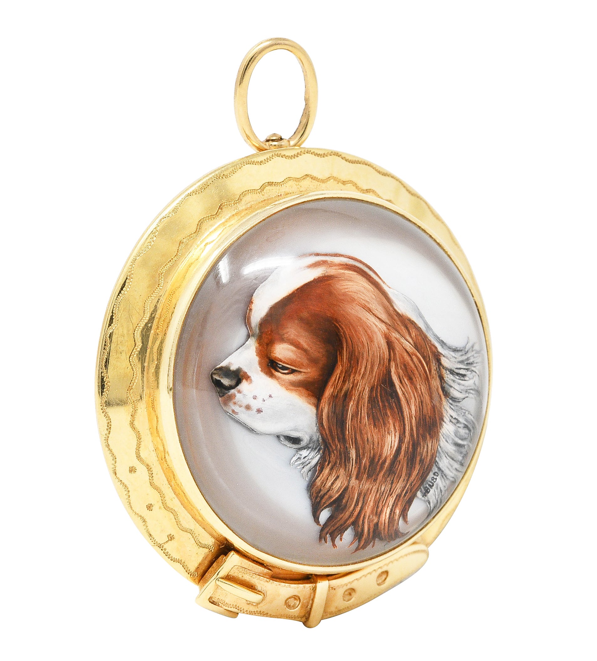 Raymond Yard Victorian Mother-Of-Pearl Painted Essex Crystal 18 Karat Yellow Gold King Charles Spaniel Buckle Antique Pendant Brooch Wilson's Estate Jewelry