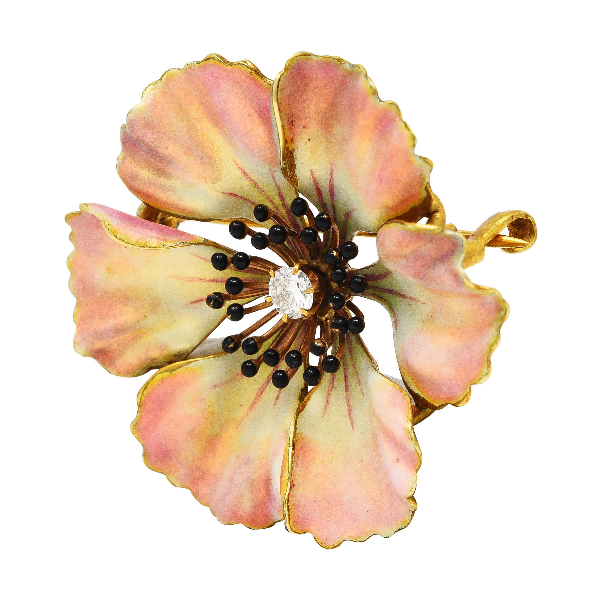 Art Nouveau Old European Cut Diamond Enamel 14 Karat Yellow Gold Poppy Pansy Antique Brooch Wilson's Estate Jewelry