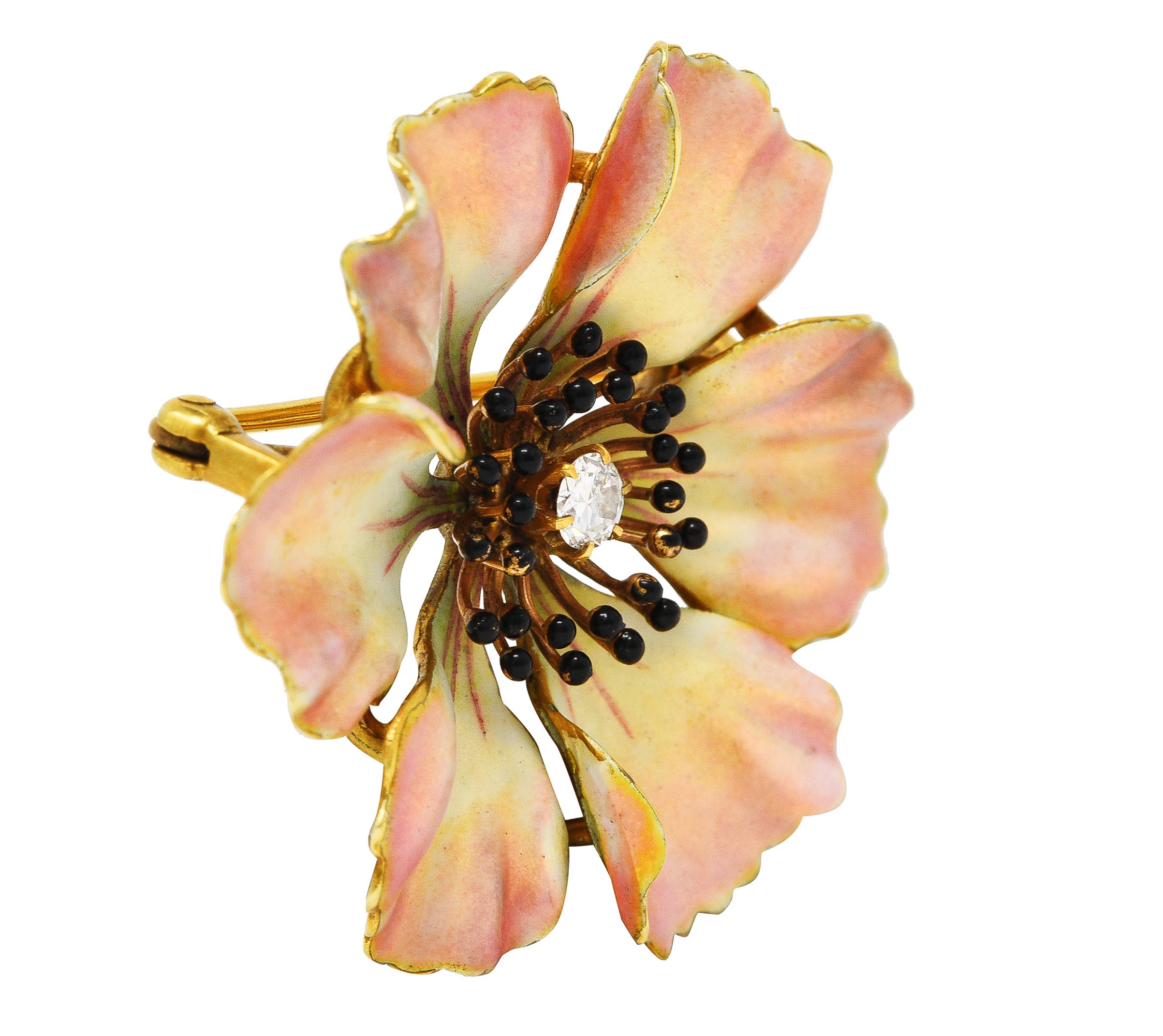 Art Nouveau Old European Cut Diamond Enamel 14 Karat Yellow Gold Poppy Pansy Antique Brooch Wilson's Estate Jewelry