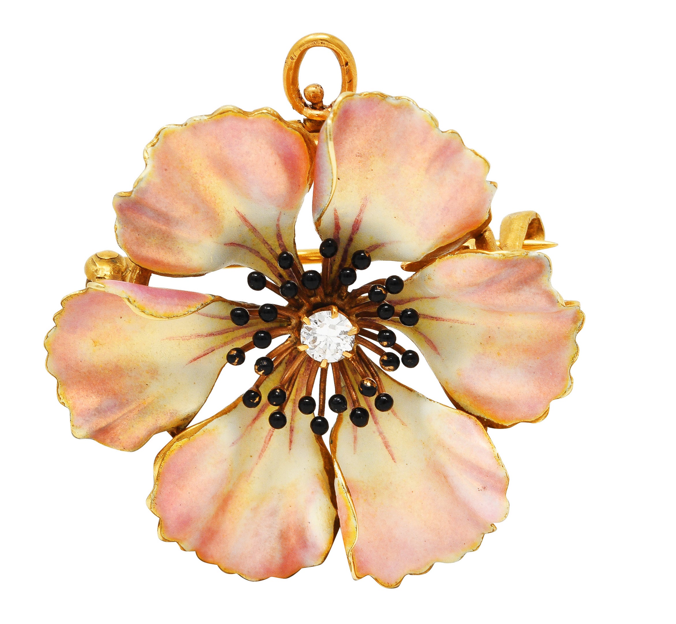 Art Nouveau Old European Cut Diamond Enamel 14 Karat Yellow Gold Poppy Pansy Antique Brooch Wilson's Estate Jewelry