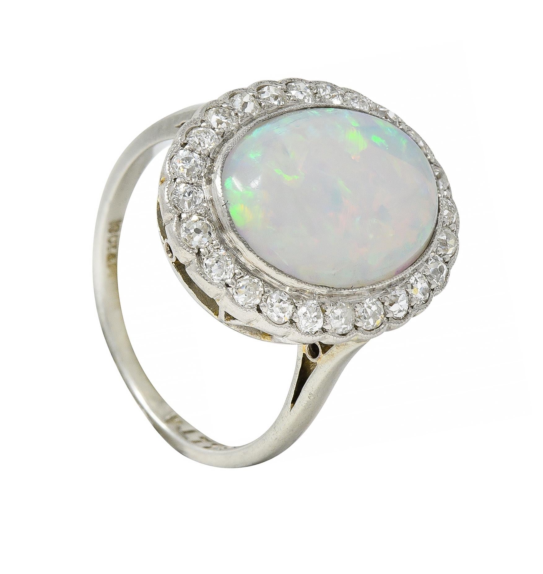 Opal Art Deco Jelly Opal Diamond Platinum 18 Karat Gold Vintage Halo Ring