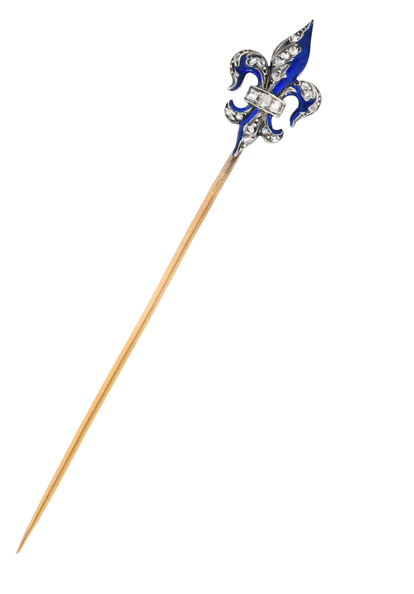 French Victorian Diamond Enamel Silver-Topped 18 Karat Gold Fleur-De-Lis Antique Stickpin Wilson's Estate Jewelry