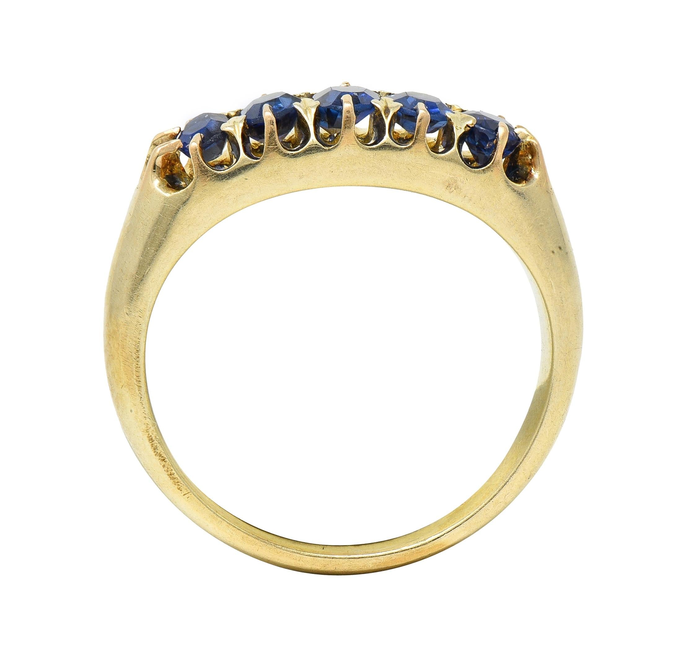 Victorian Antique Sapphire 14 Karat Yellow Gold Five Stone Foliate Band Ring