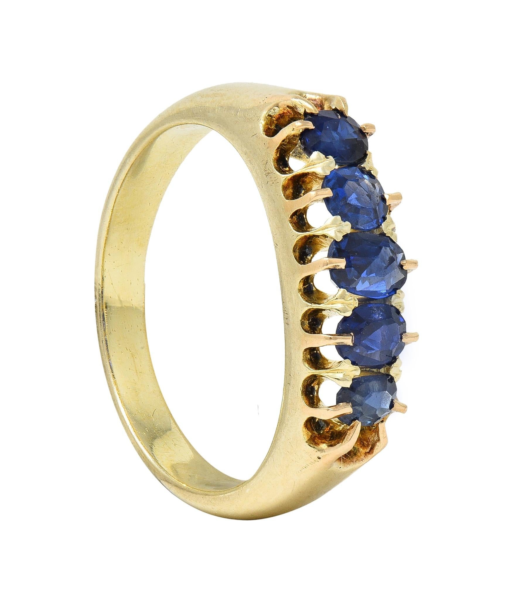 Victorian Antique Sapphire 14 Karat Yellow Gold Five Stone Foliate Band Ring