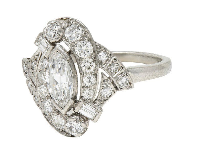 Mid-Century 1.26 CTW Diamond Platinum Swirling Marquise Vintage Dinner Ring