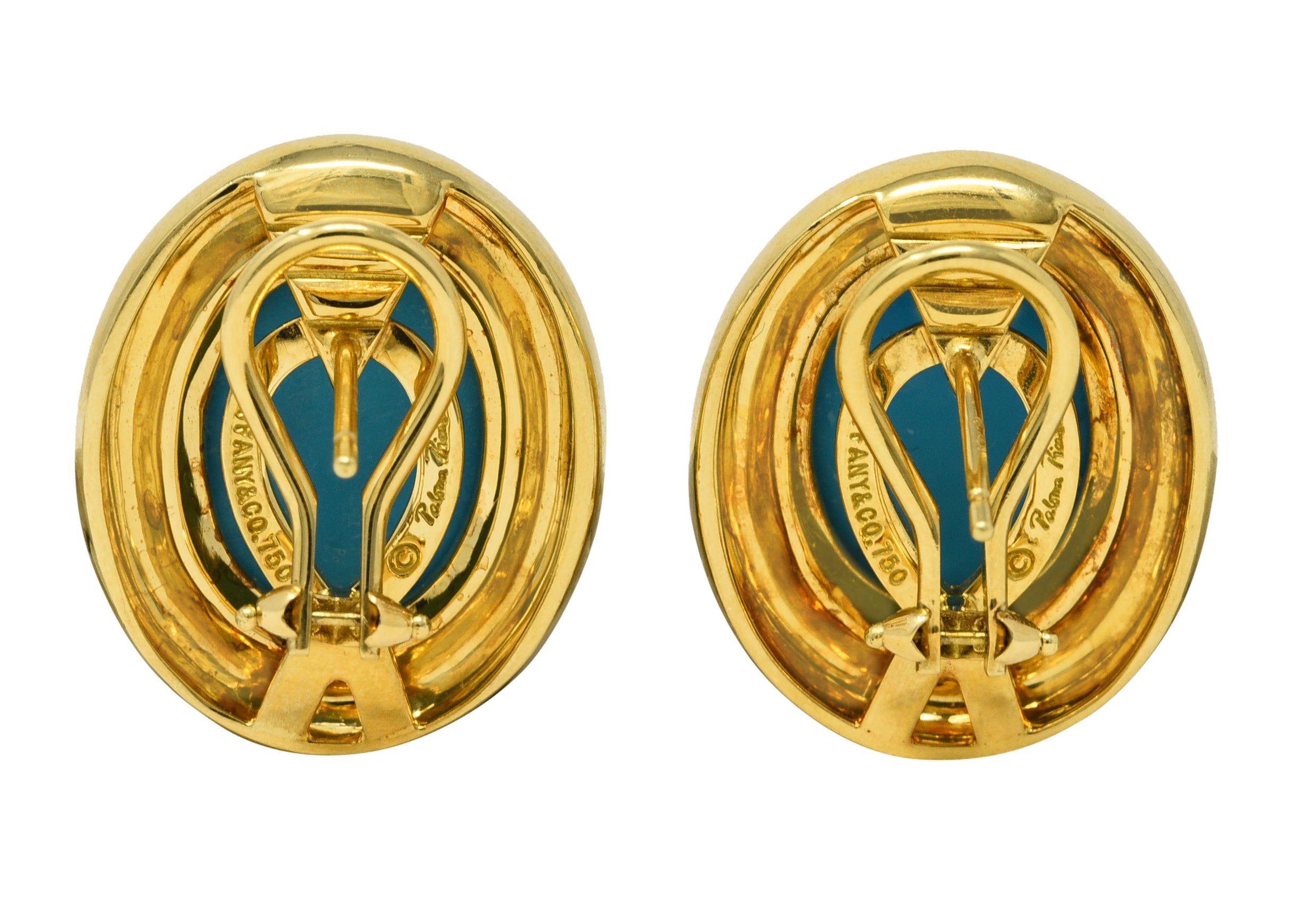 Paloma Picasso Tiffany & Co. 1980's Turquoise 18 Karat Yellow Gold Cabochon Vintage Earrings Wilson's Estate Jewelry