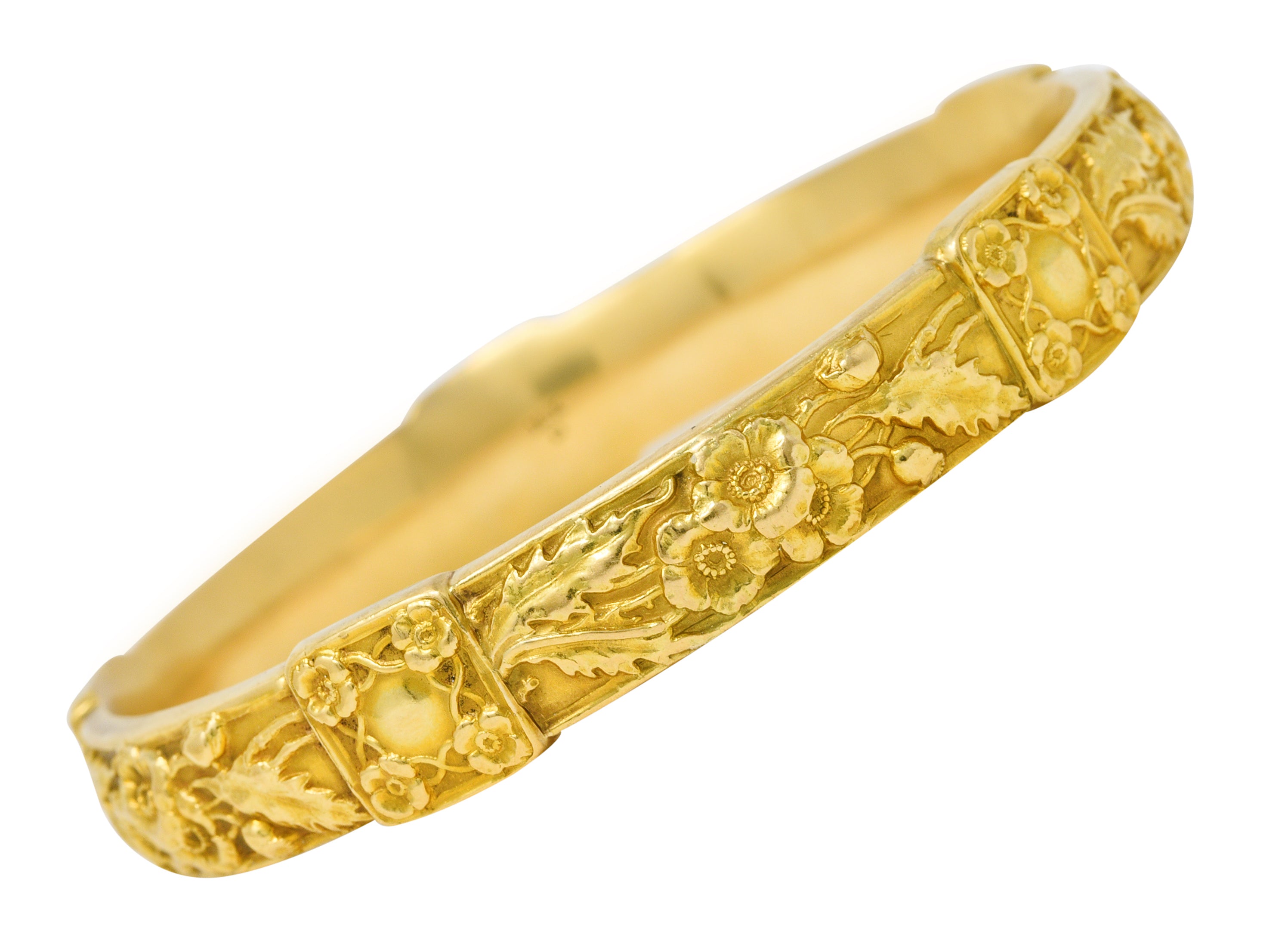 Art Nouveau 18 Karat Yellow Gold Poppy Flower Antique Bangle Bracelet Wilson's Estate Jewelry