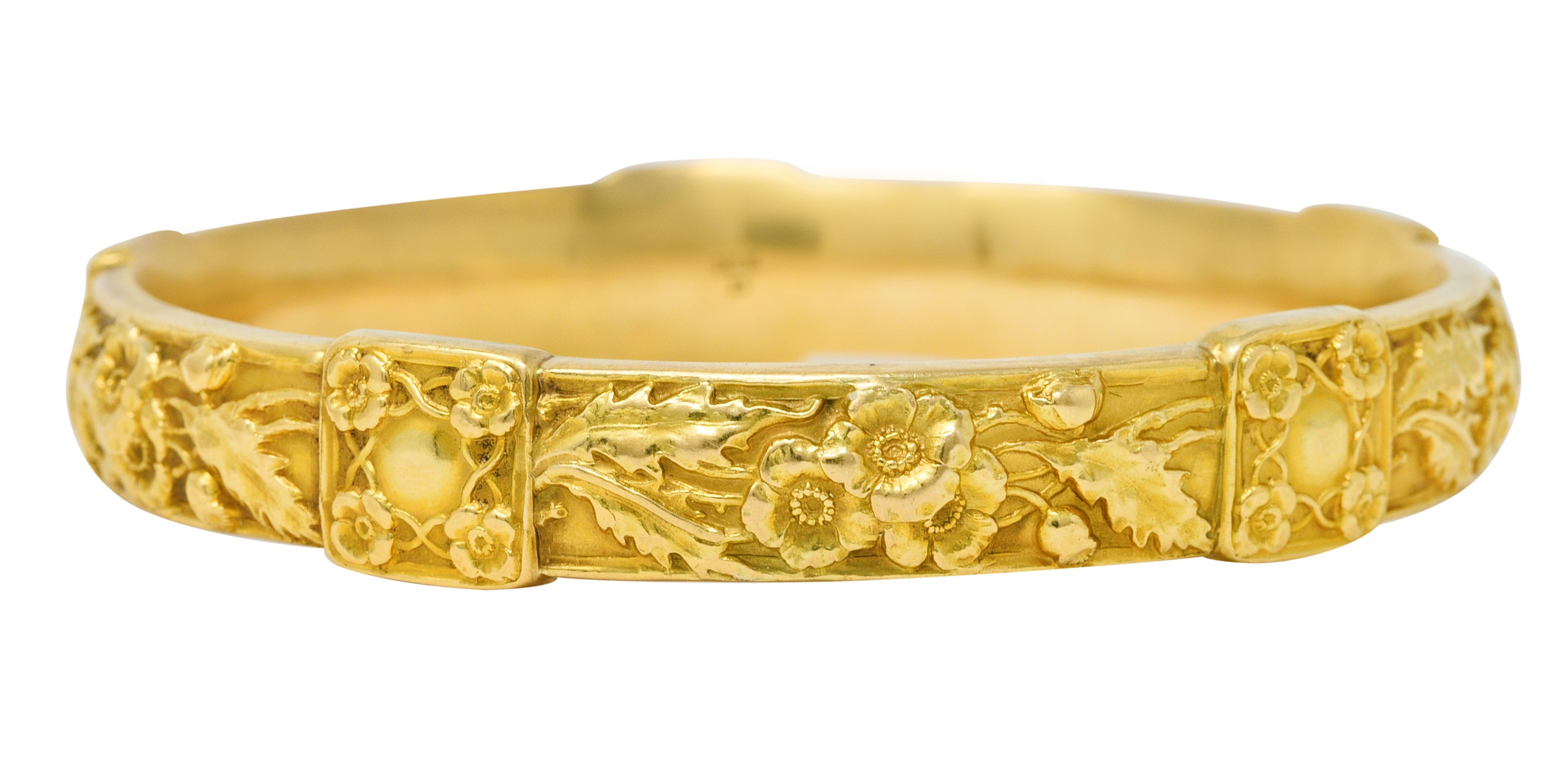 Art Nouveau 18 Karat Yellow Gold Poppy Flower Antique Bangle Bracelet Wilson's Estate Jewelry