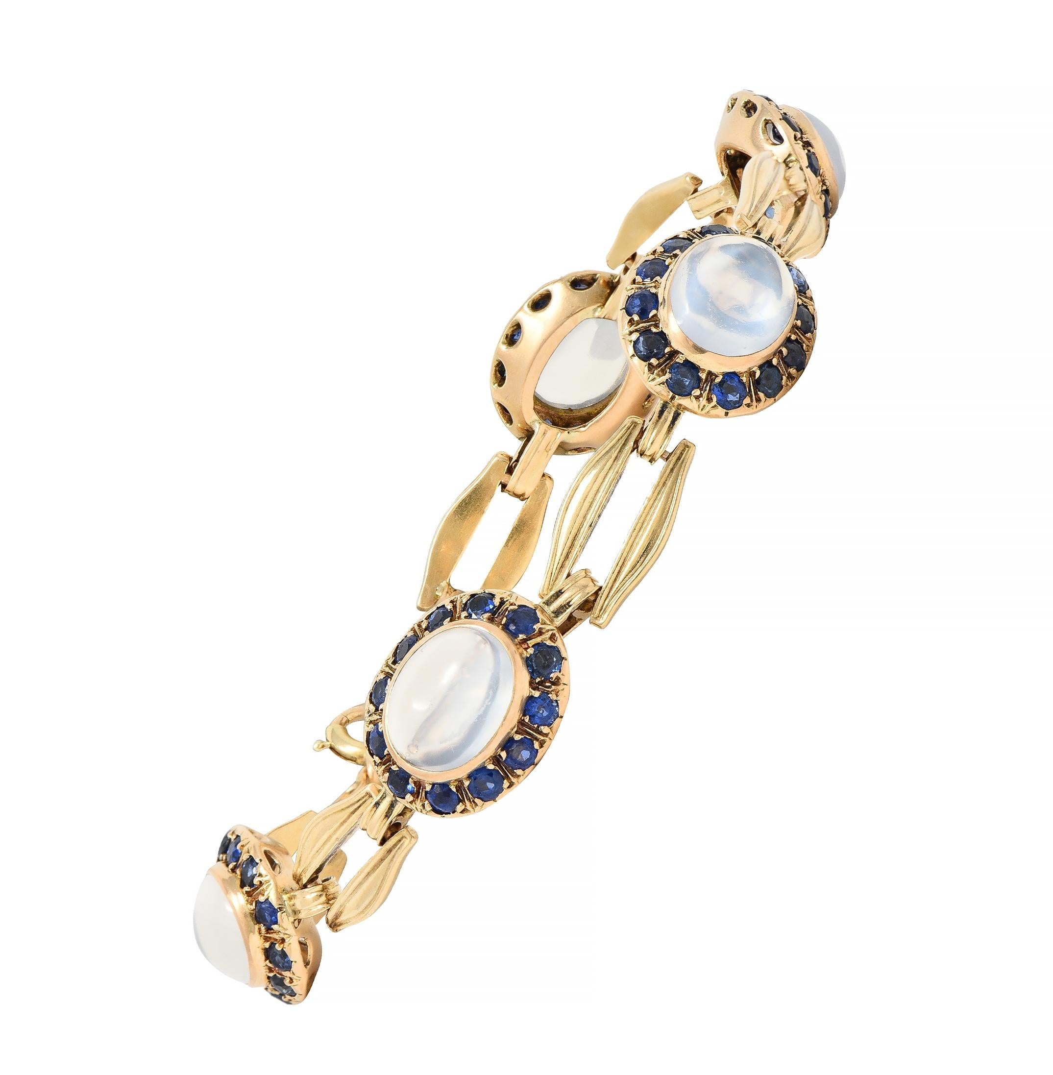 Church & Co. Mid-Century 4.80 CTW Sapphire Moonstone 14 Karat Gold Link Bracelet