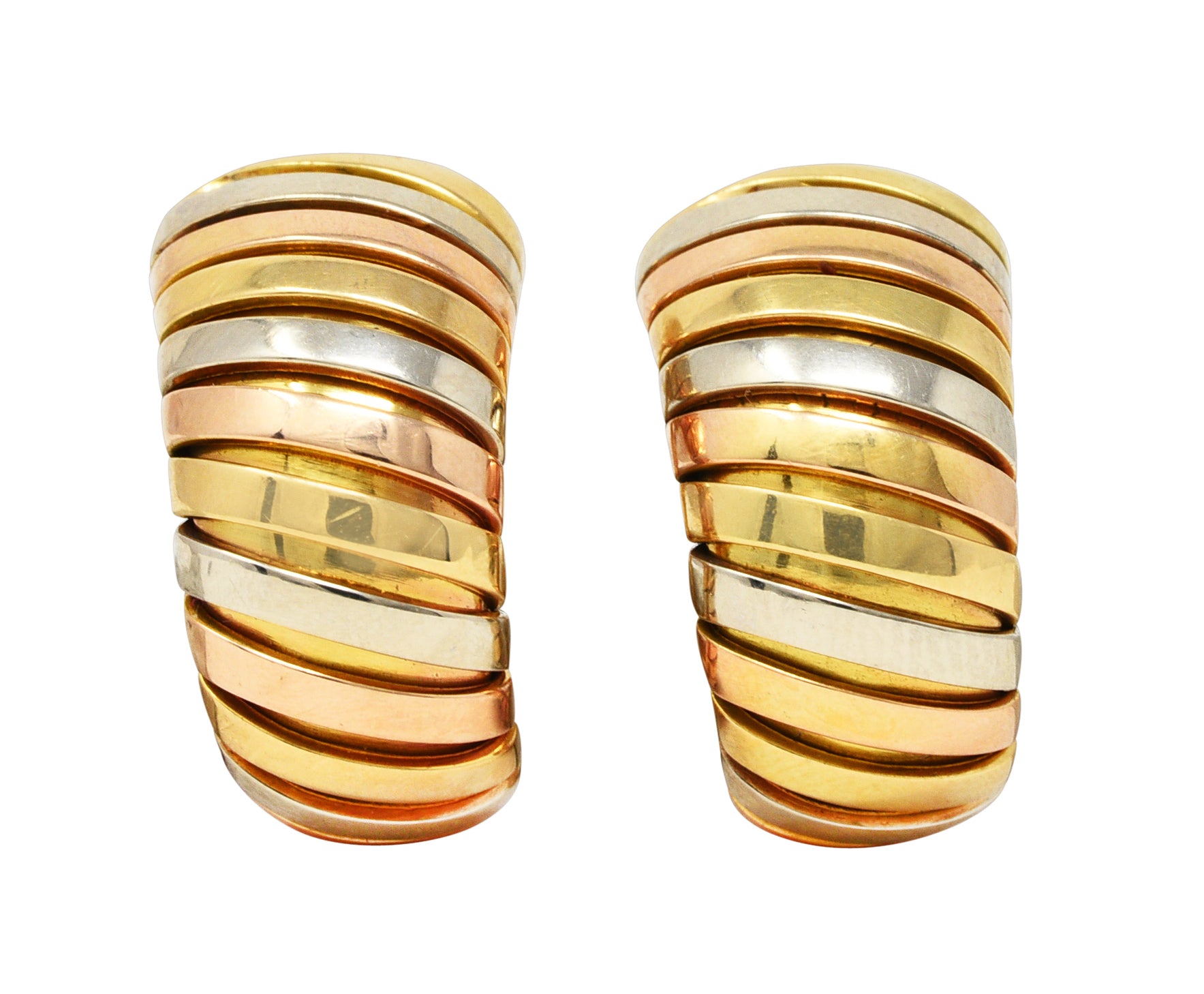 Bulgari 18 Karat Tri-Gold Tubogas J-Hoop Vintage Ear-Clip Earrings Wilson's Estate Jewelry