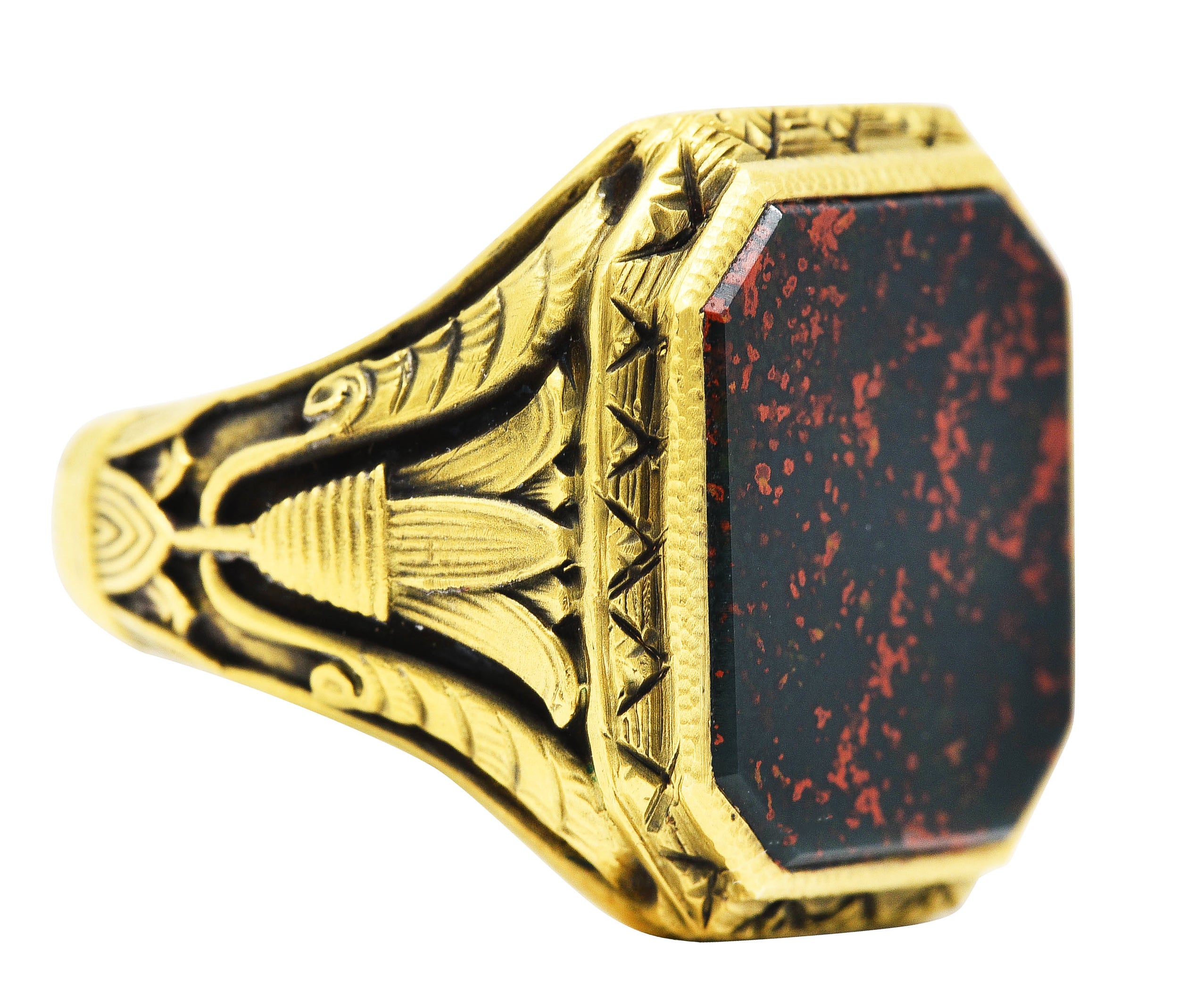 Art Deco Egyptian Revival Bloodstone 14 Karat Gold Lotus Signet Unisex RingRing - Wilson's Estate Jewelry