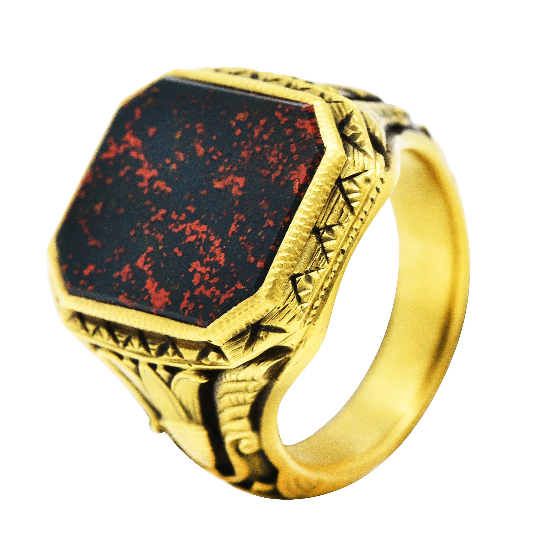 Art Deco Egyptian Revival Bloodstone 14 Karat Gold Lotus Signet Unisex RingRing - Wilson's Estate Jewelry