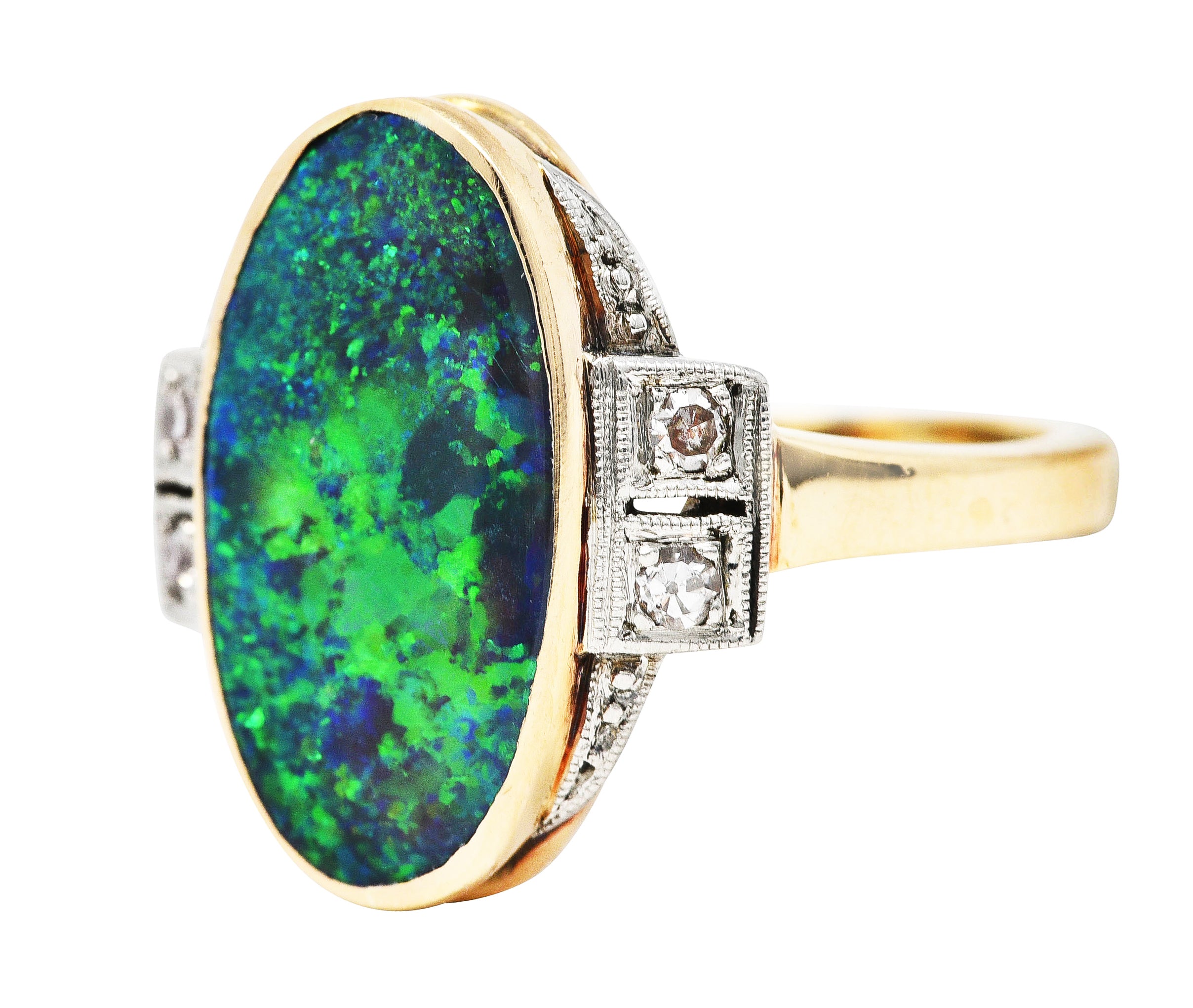 Early Art Deco Diamond Black Opal Platinum Topped 14 Karat Gold RingRing - Wilson's Estate Jewelry