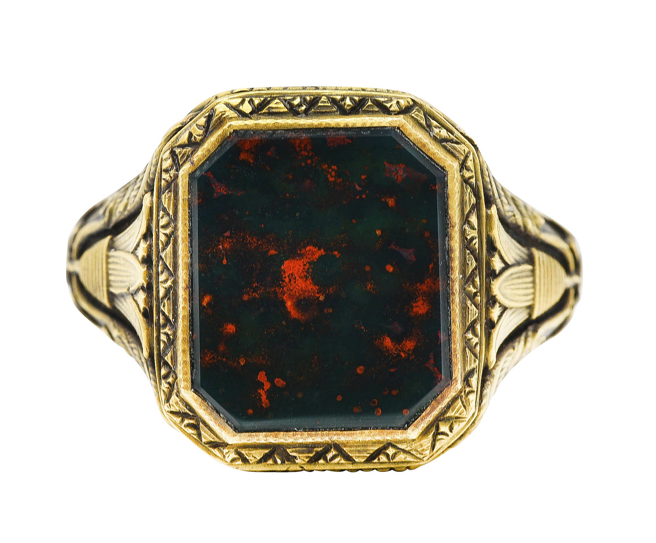 Art Deco 1930's Bloodstone 14 Karat Gold Lotus Unisex Signet RingRing - Wilson's Estate Jewelry