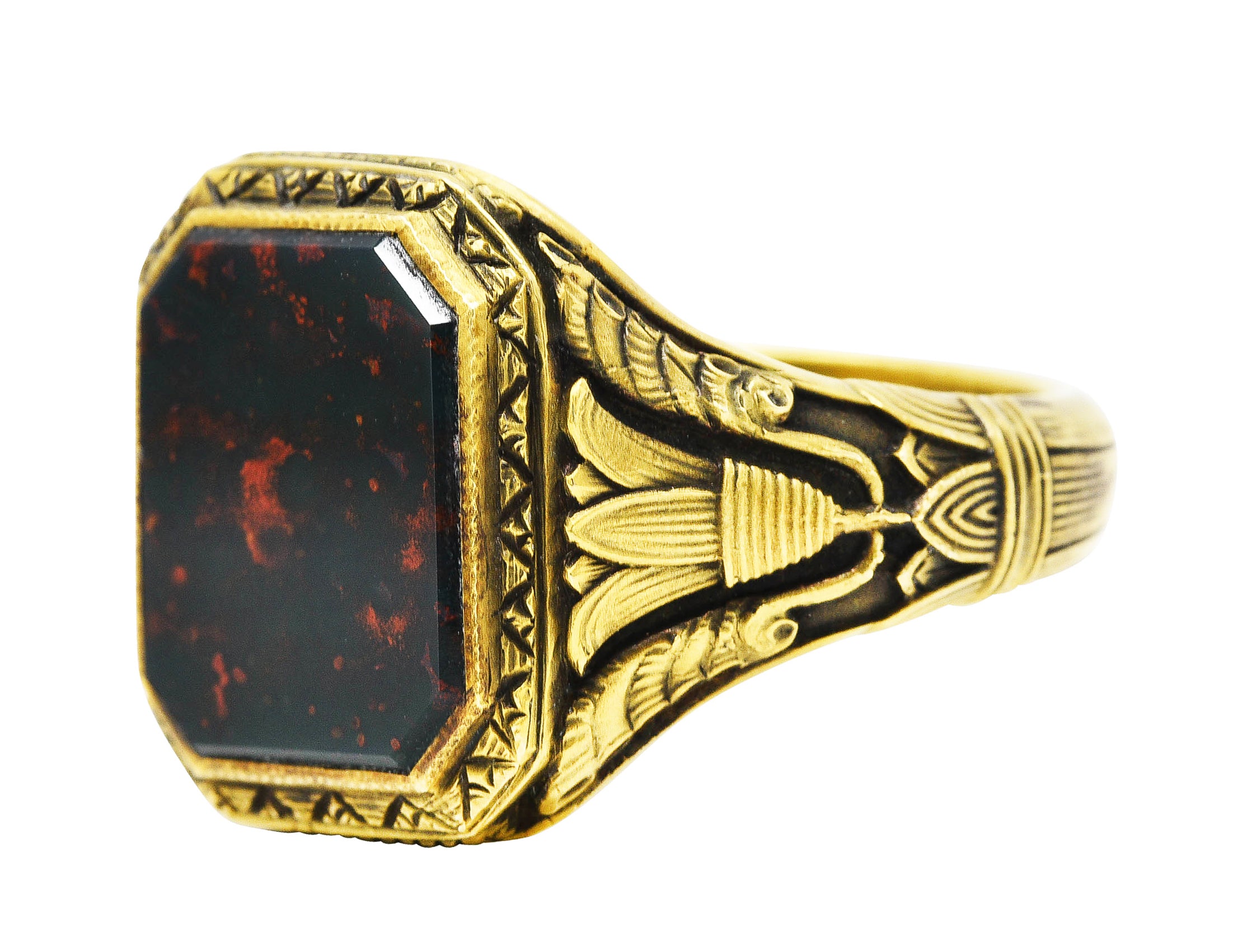 Art Deco 1930's Bloodstone 14 Karat Gold Lotus Unisex Signet RingRing - Wilson's Estate Jewelry