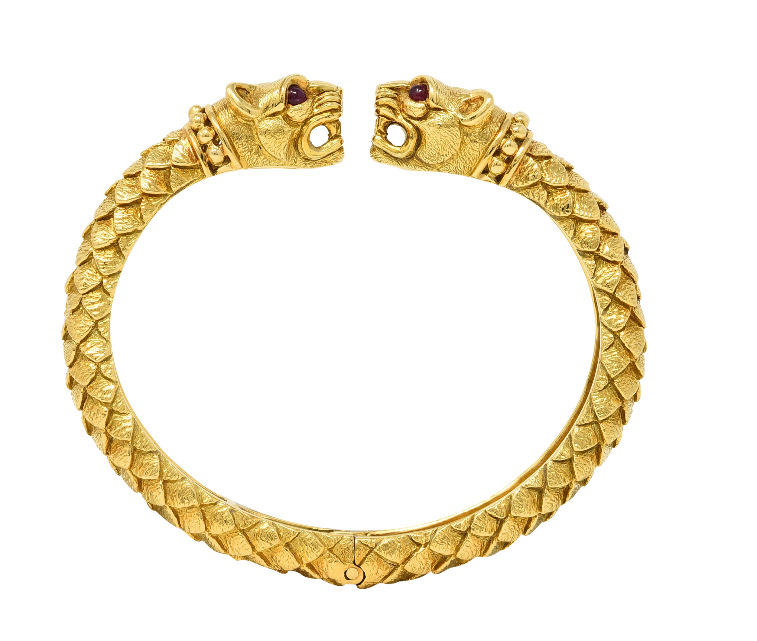 David Webb Ruby 18 Karat Yellow Gold Panther Head Kingdom Cuff Bracelet Wilson's Estate Jewelry