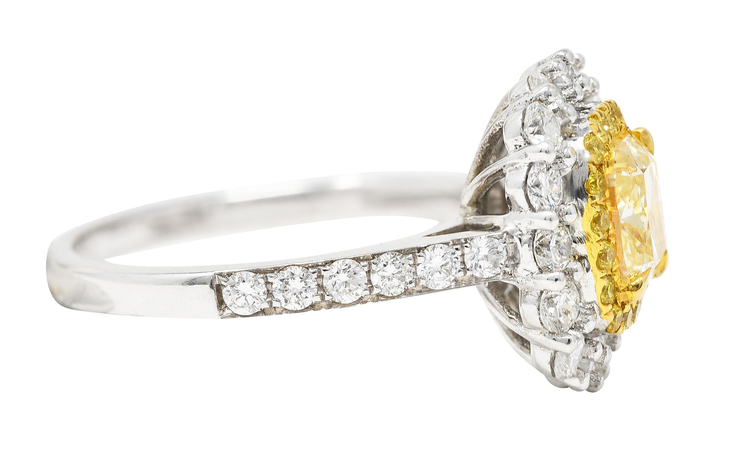 Contemporary 2.16 CTW Cushion Cut Fancy Yellow Diamond Two-Tone 18 Karat Gold Double Halo Gemstone Ring Wilson's Estate Jewelry