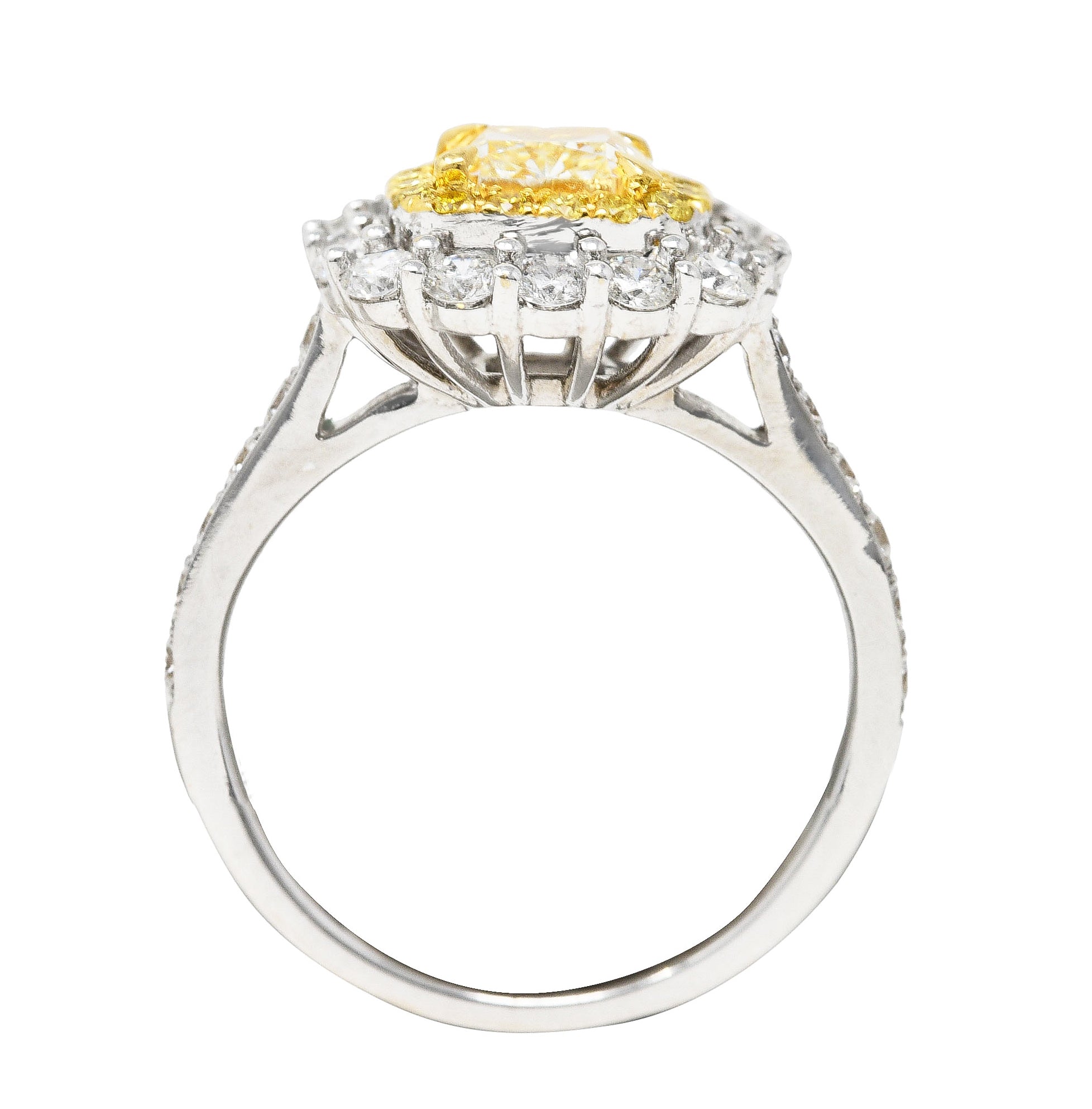 Contemporary 2.16 CTW Cushion Cut Fancy Yellow Diamond Two-Tone 18 Karat Gold Double Halo Gemstone Ring Wilson's Estate Jewelry