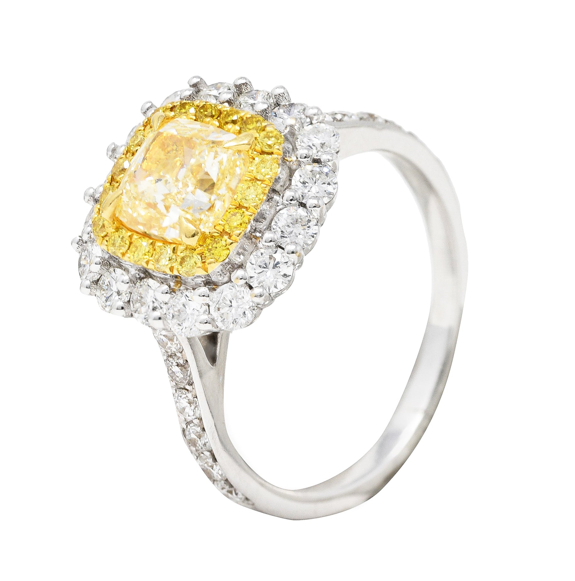 Contemporary 2.16 CTW Cushion Cut Fancy Yellow Diamond Two-Tone 18 Karat Gold Double Halo Gemstone Ring Wilson's Estate Jewelry