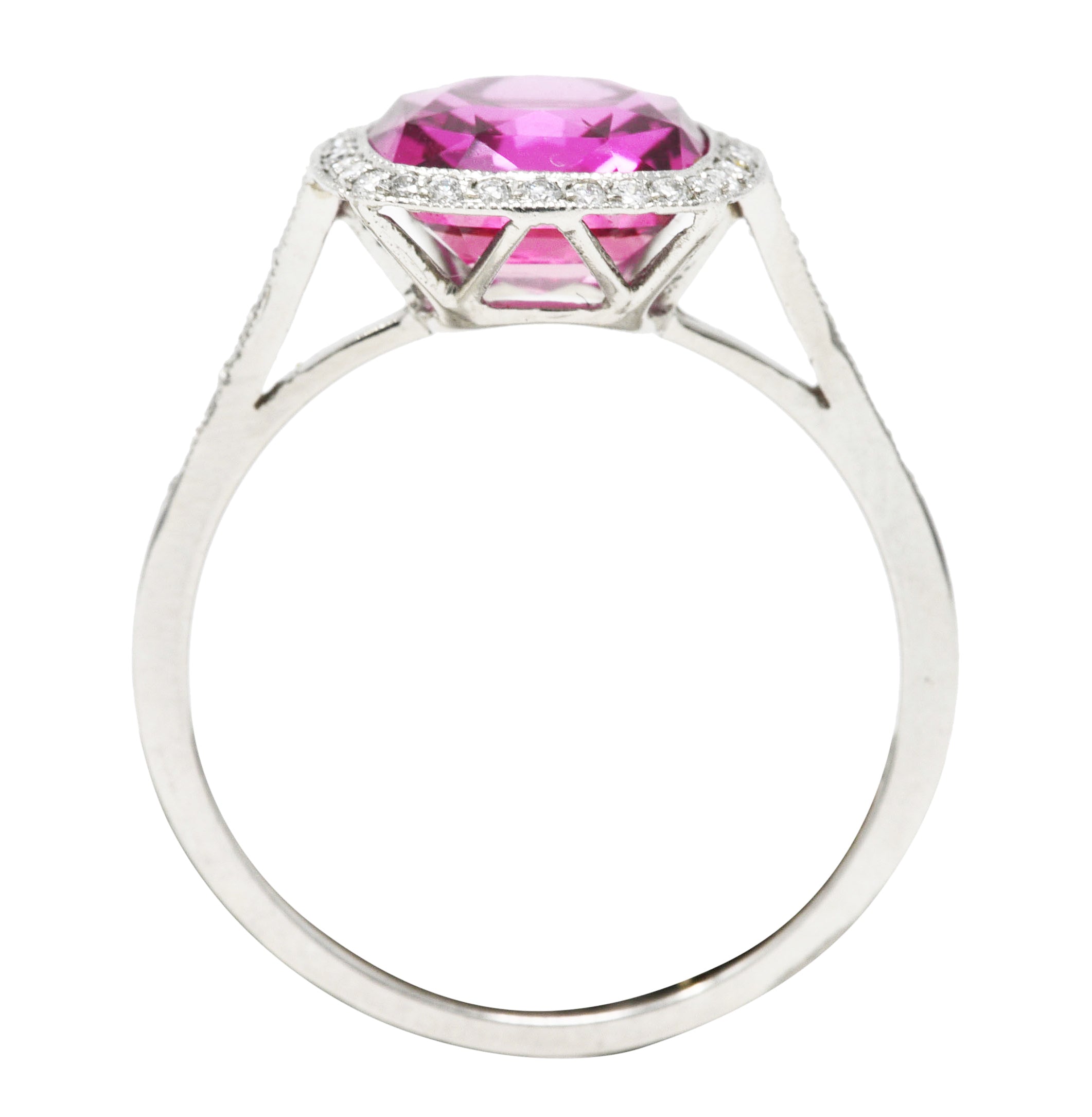 Contemporary 3.60 CTW Pink Sapphire Diamond Platinum Diamond Halo Gemstone Ring GIA Wilson's Estate Jewelry