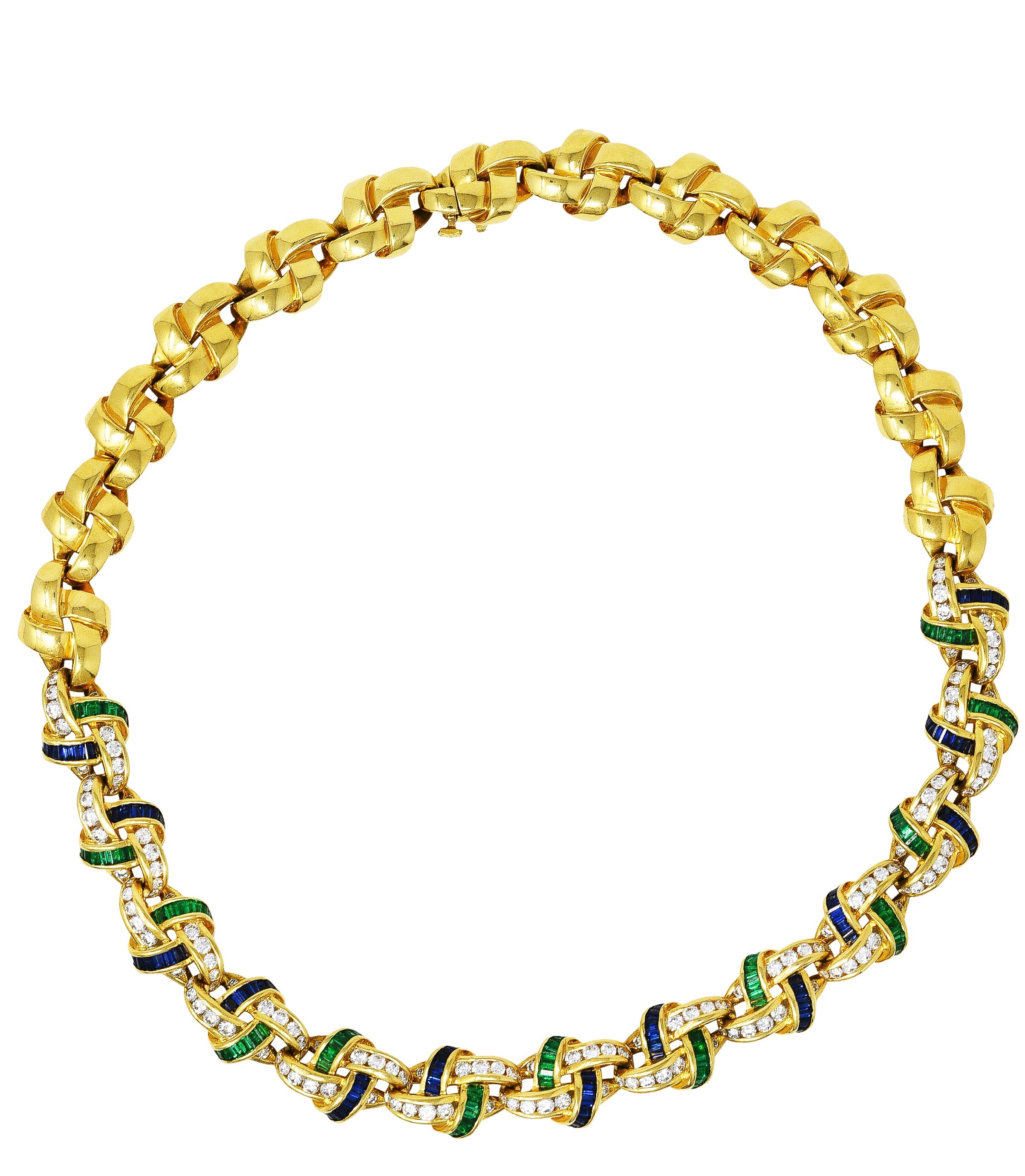 Charles Krypell 10.00 CTW Emerald Sapphire Diamond 18 Karat Gold Knot Link NecklaceNecklace - Wilson's Estate Jewelry