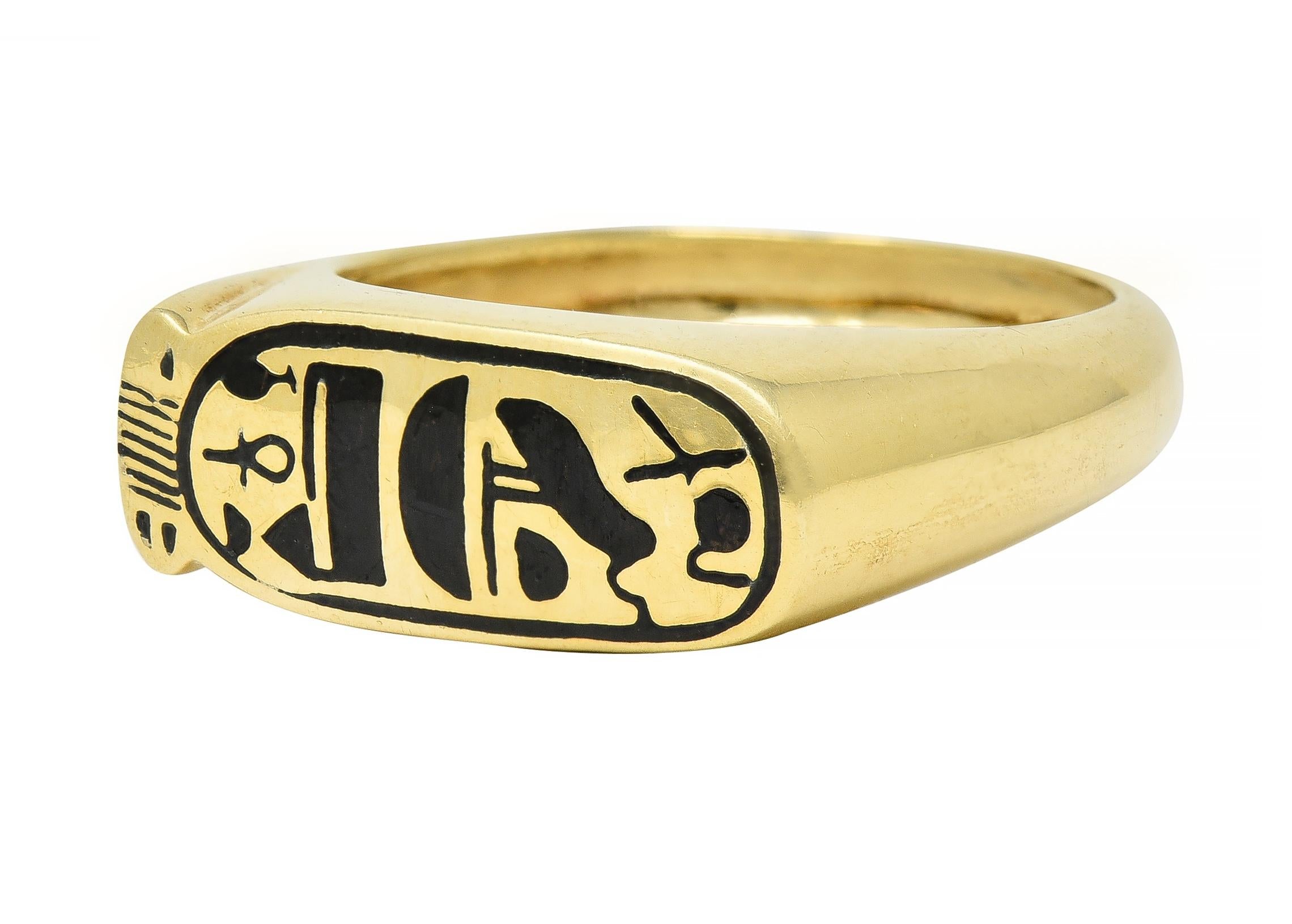 Contemporary Enamel 14 Karat Yellow Gold Egyptian Revival Cartouche Signet Ring