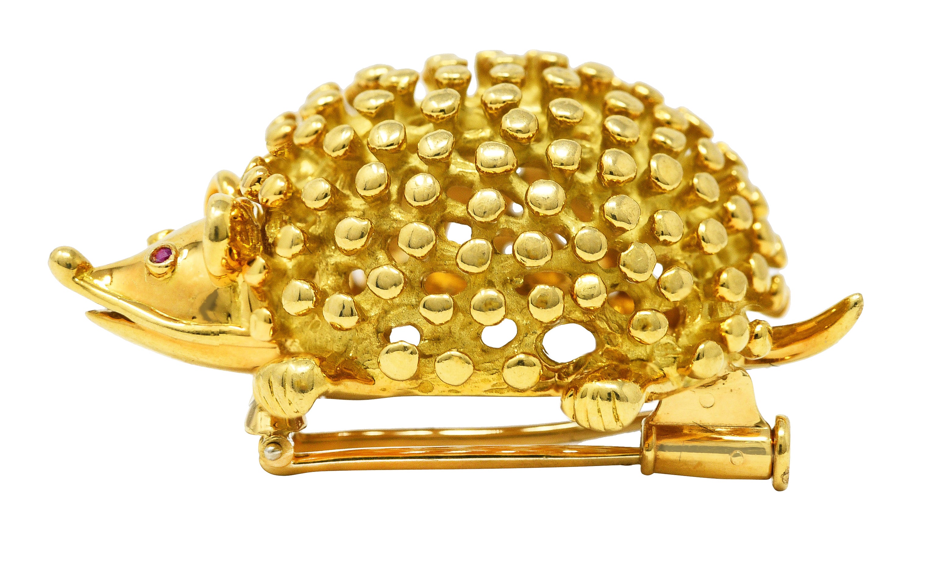 Tiffany & Co. 1960's Ruby 18 Karat Yellow Gold Hedgehog Vintage Brooch Wilson's Estate Jewelry