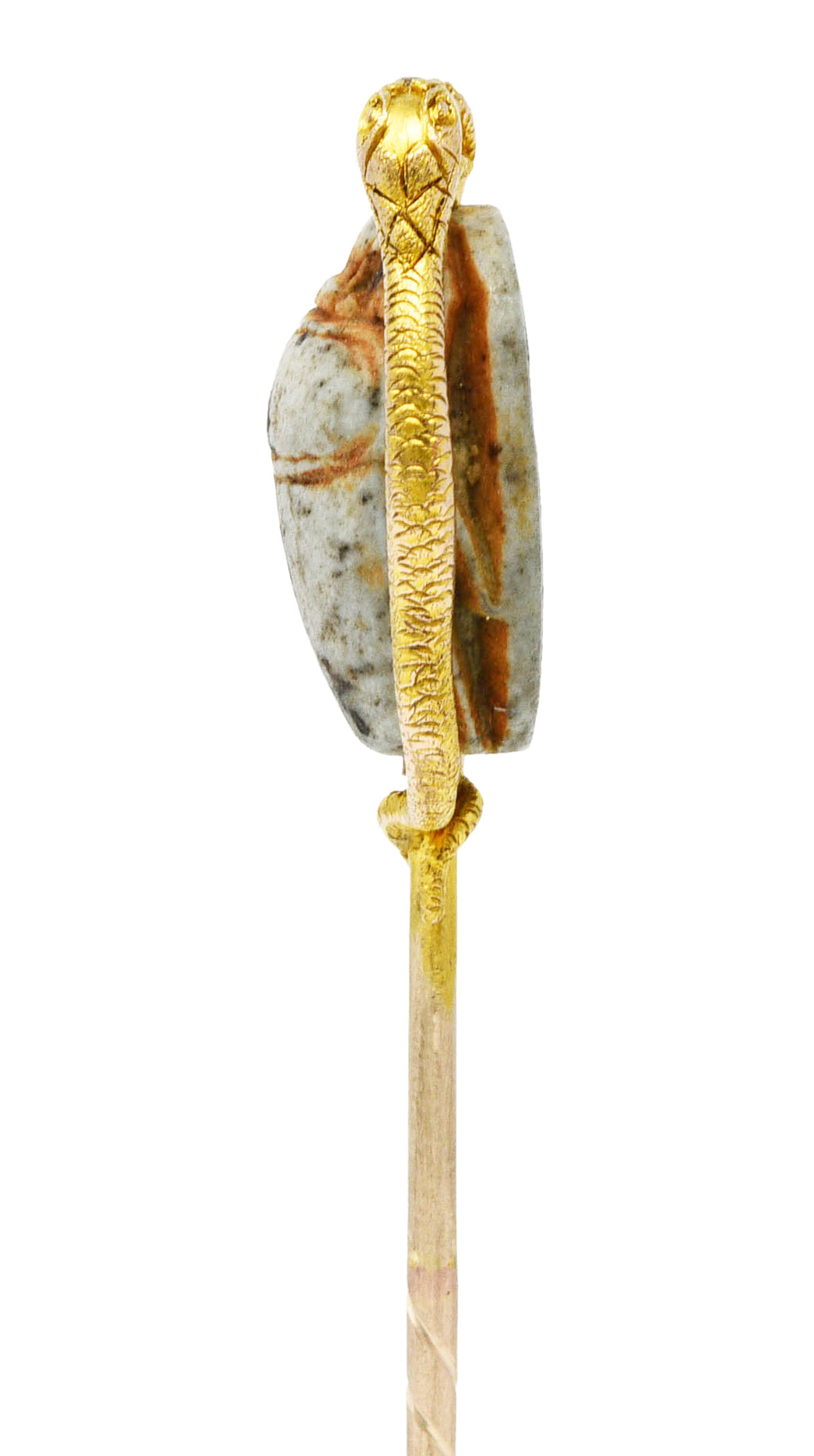 Victorian Egyptian Revival Hardstone 18 Karat Two-Tone Gold Scarab Snake Antique Stickpin Wilson's Estate Jewelry