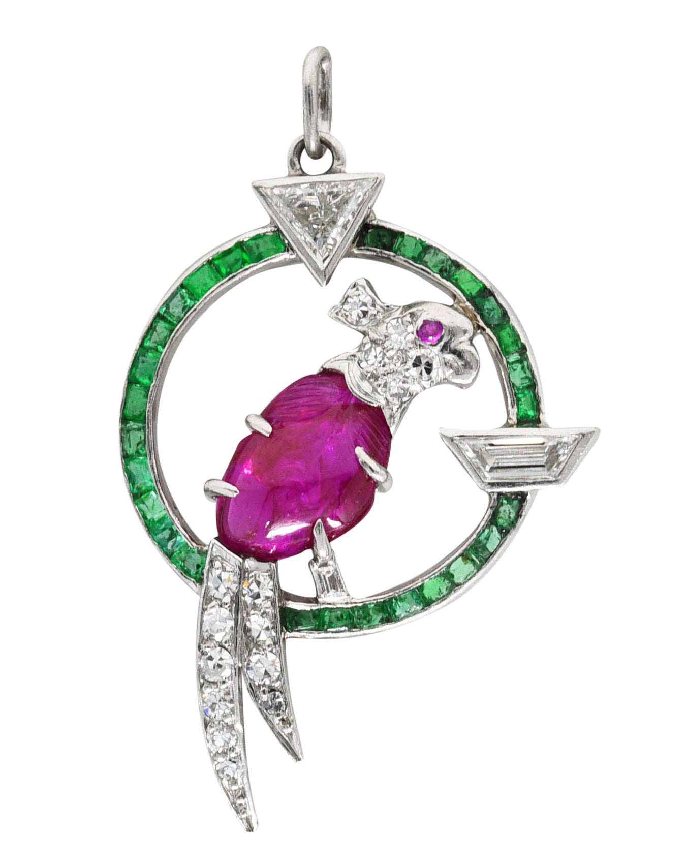 Art Deco Emerald Diamond Mughal Ruby Platinum Cockatiel Bird Charm Wilson's Estate Jewelry