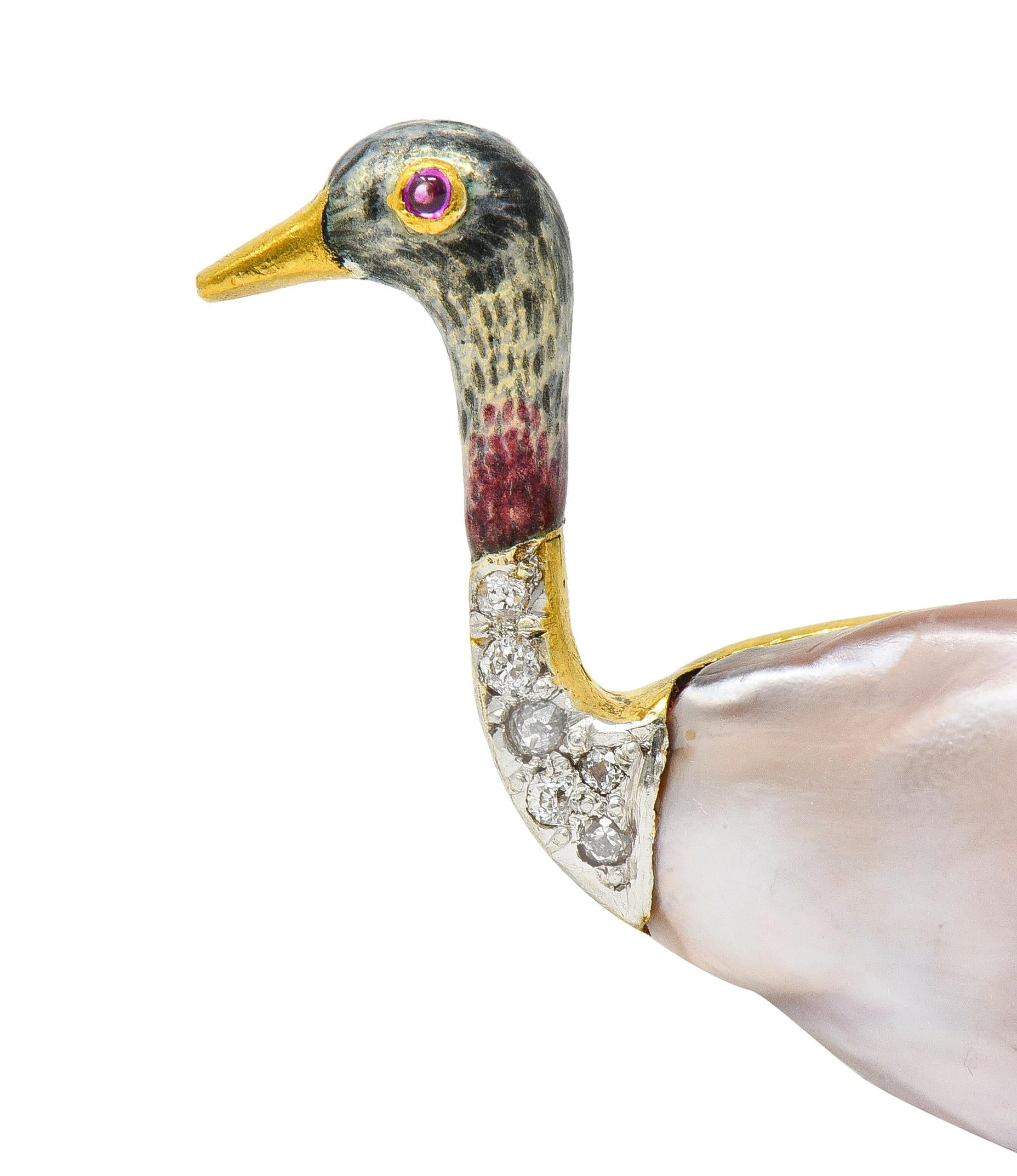 Black Starr & Frost Edwardian Natural Pearl Diamond 14K Gold Ostrich Bird Brooch