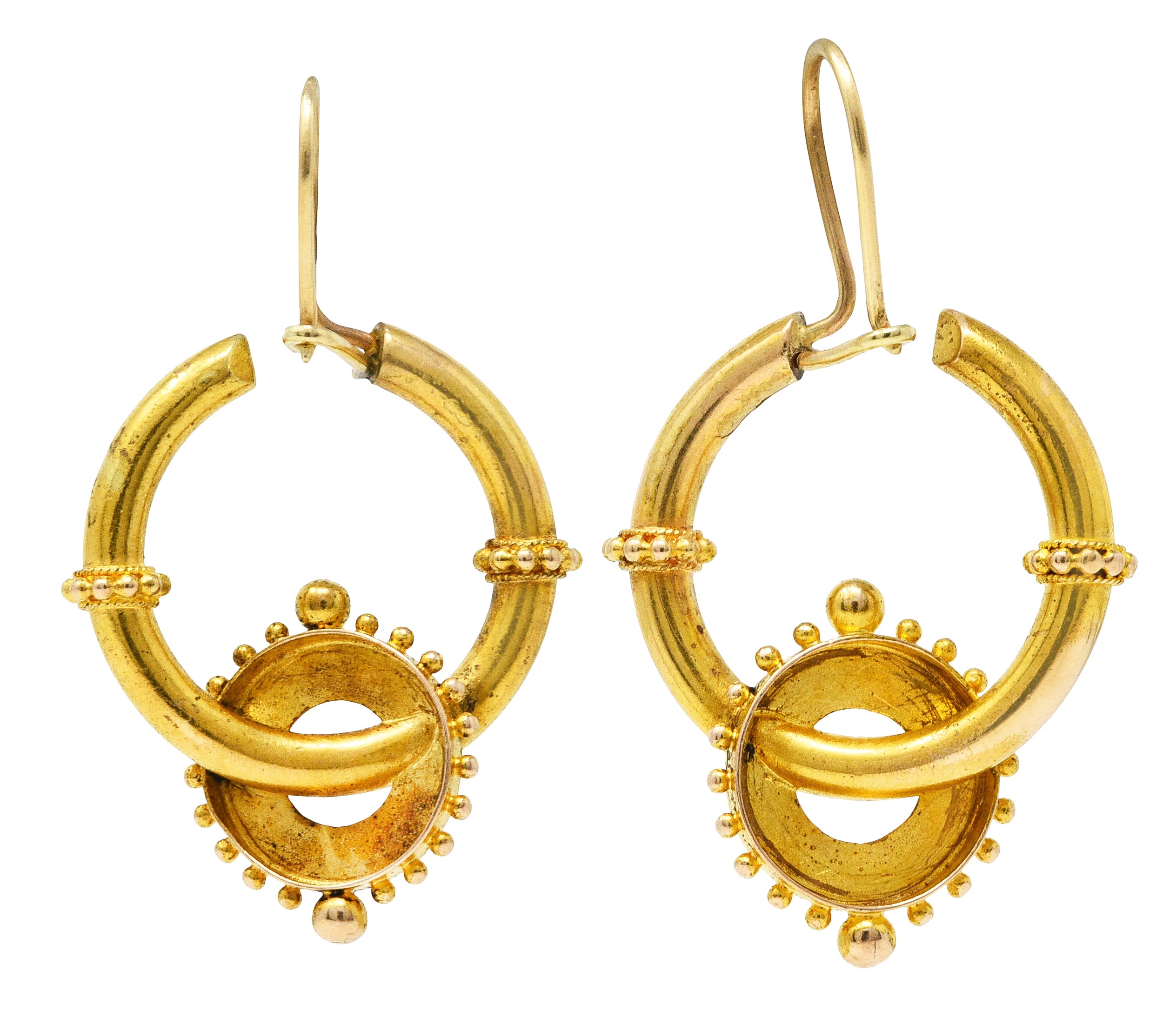 Victorian Etruscan Revival 14 Karat Yellow Gold Interlocked Hoop Antique Earrings Wilson's Estate Jewelry