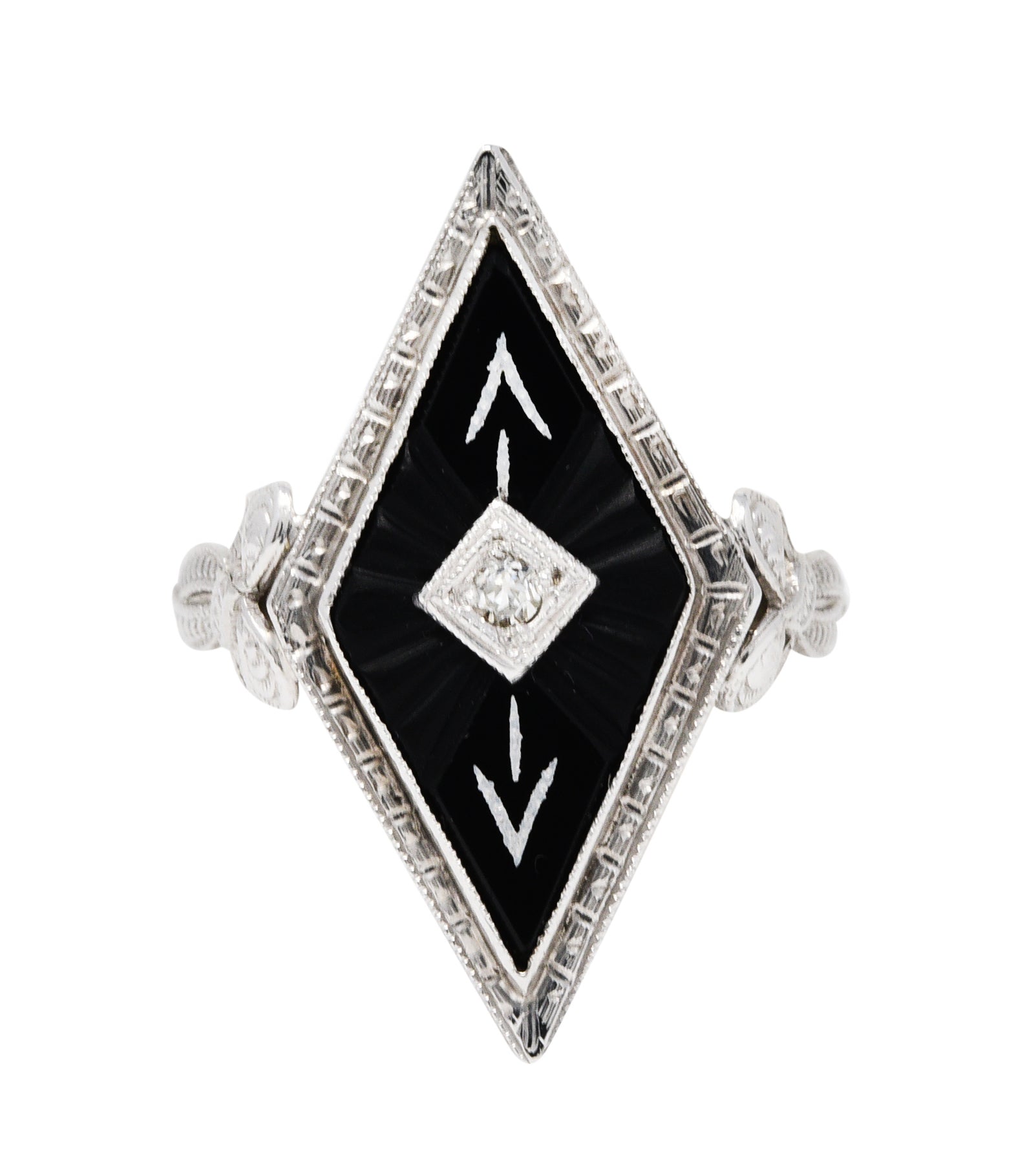 Art Deco Diamond Onyx 14 Karat White Gold Navette Dinner RingRing - Wilson's Estate Jewelry